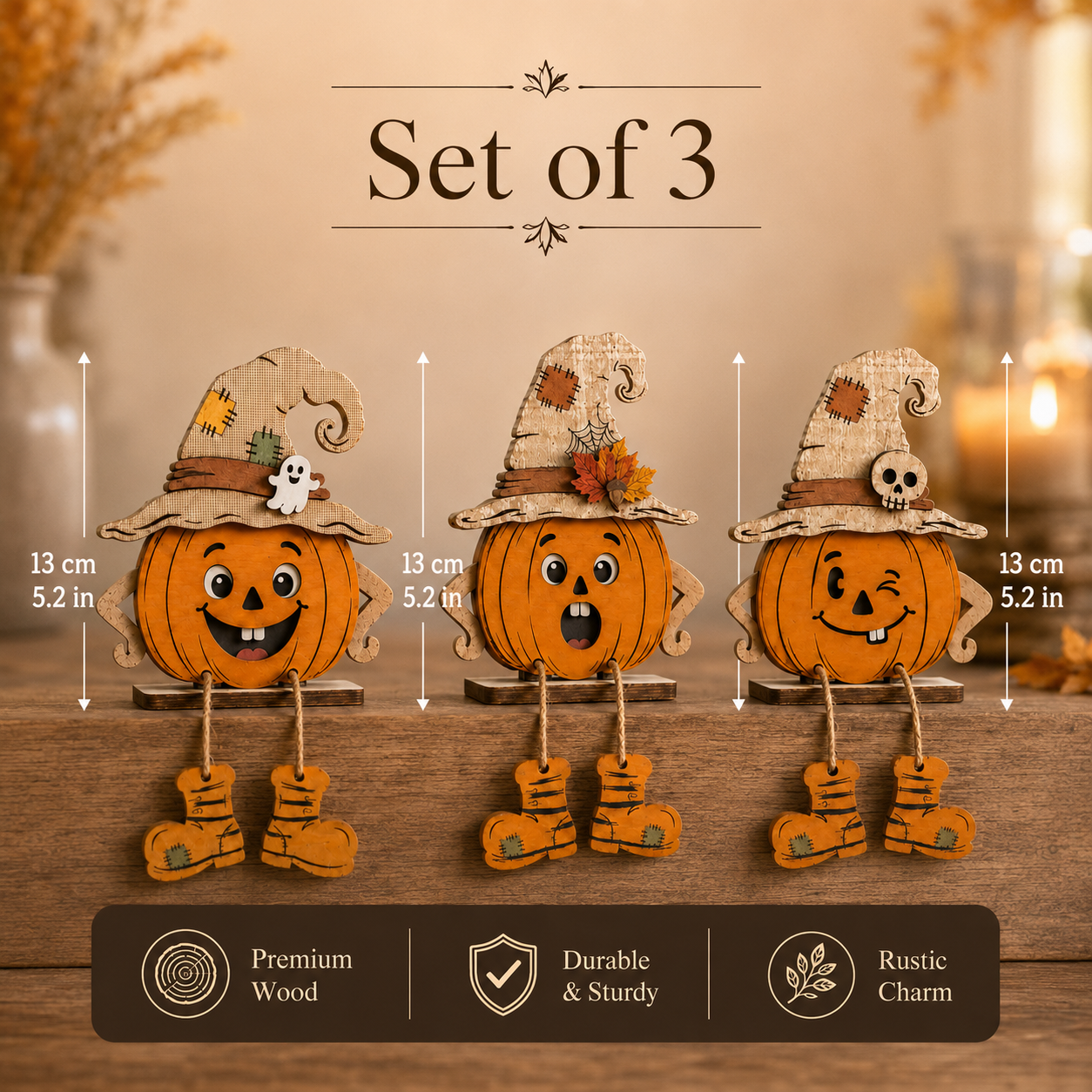 Whimsical Wooden Pumpkin Witch Decor Set – Fall Tabletop Accents