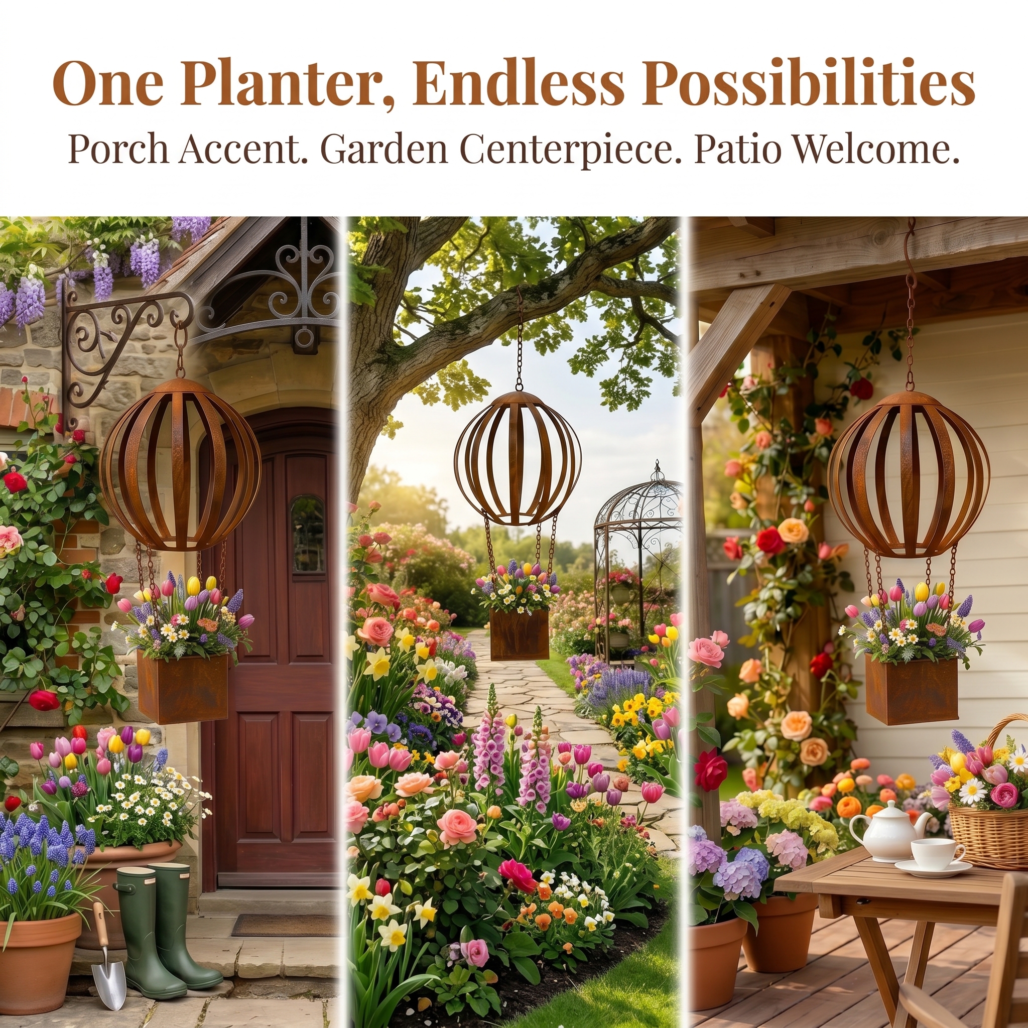 Vintage Rust-Colored Hot Air Balloon Hanging Flower