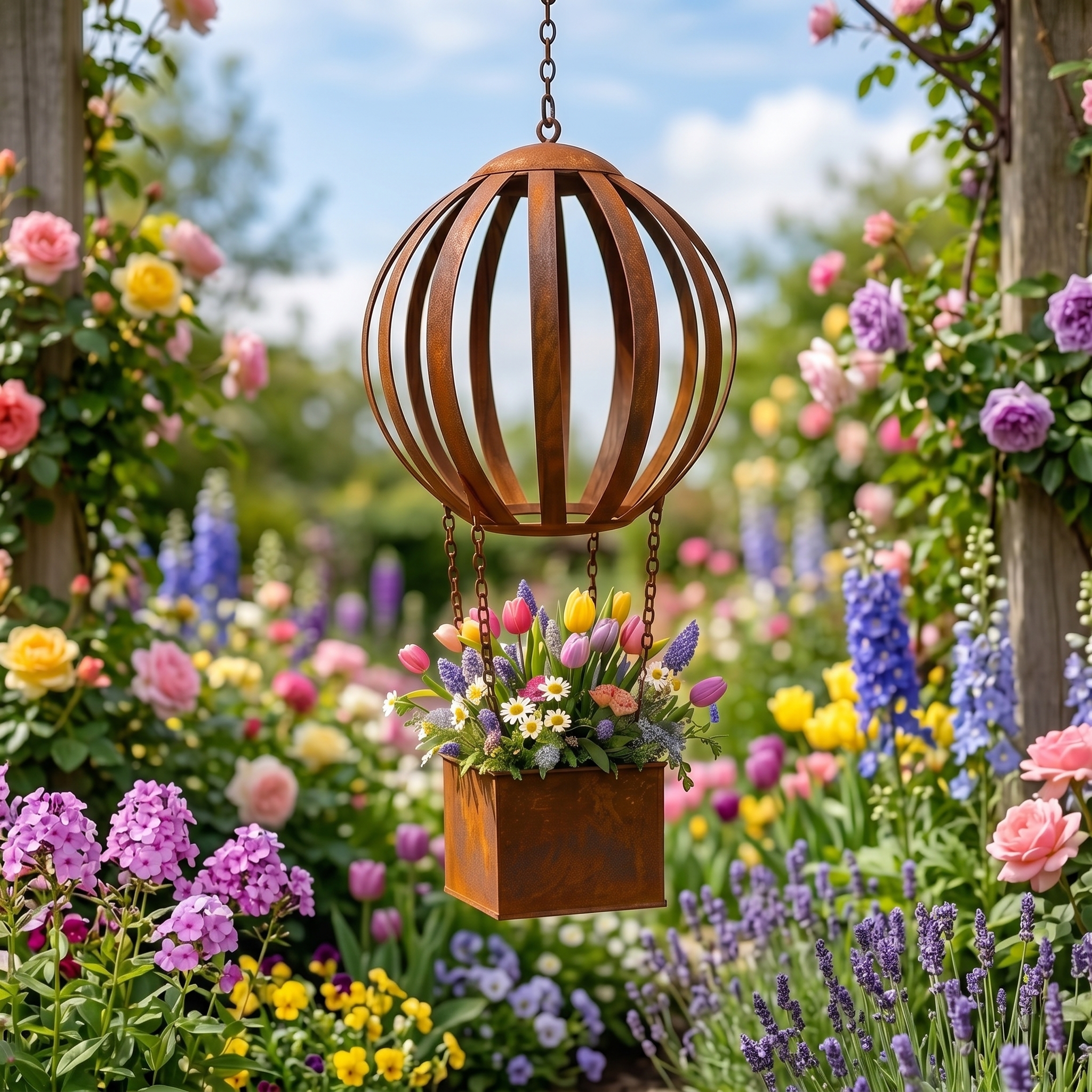 Vintage Rust-Colored Hot Air Balloon Hanging Flower