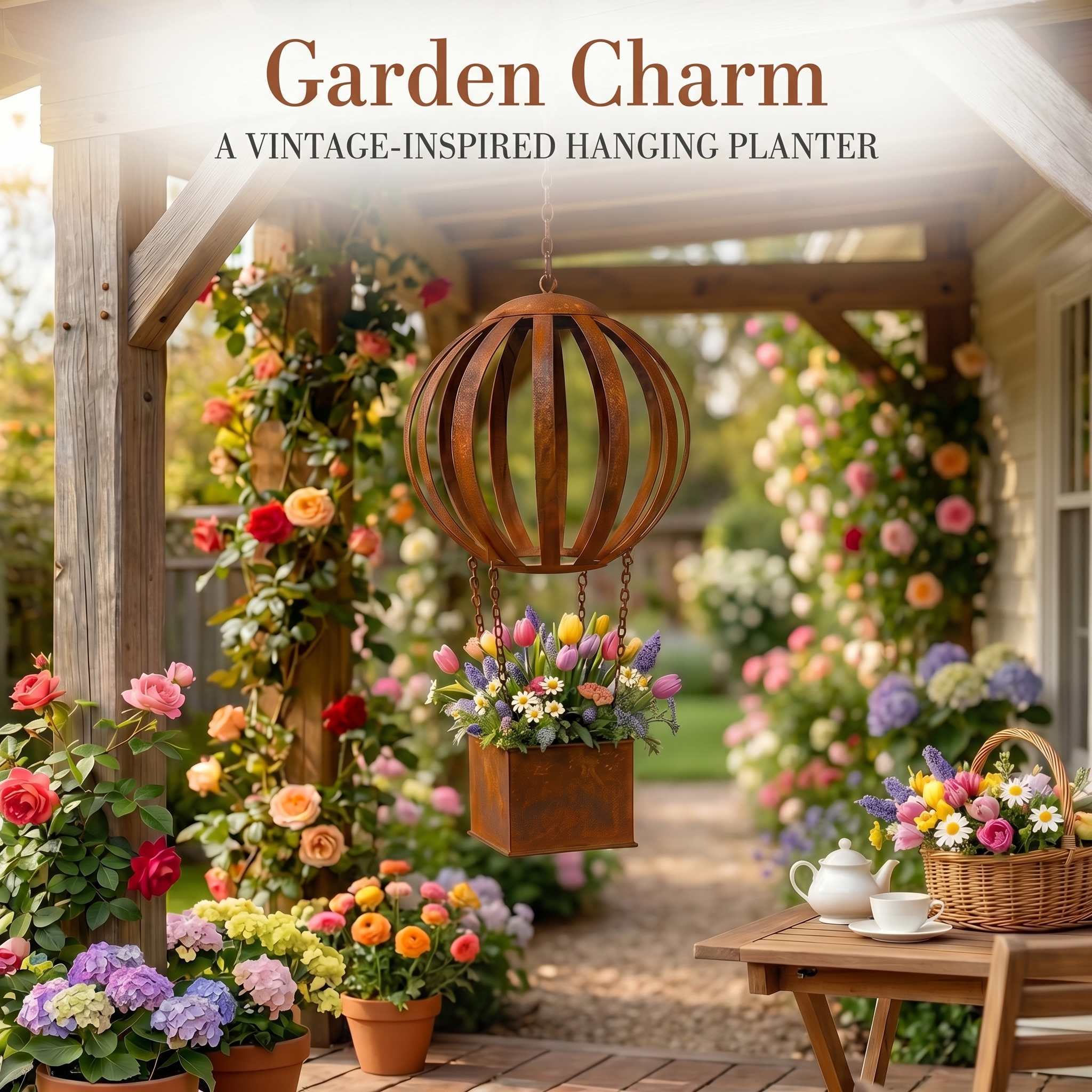 Vintage Rust-Colored Hot Air Balloon Hanging Flower