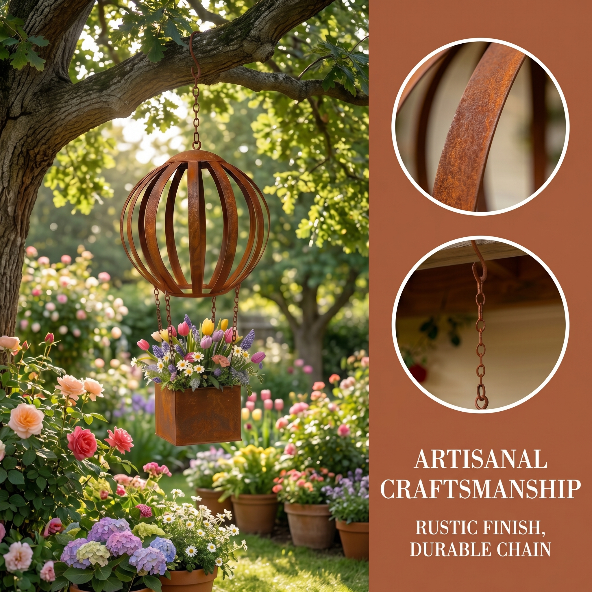 Vintage Rust-Colored Hot Air Balloon Hanging Flower