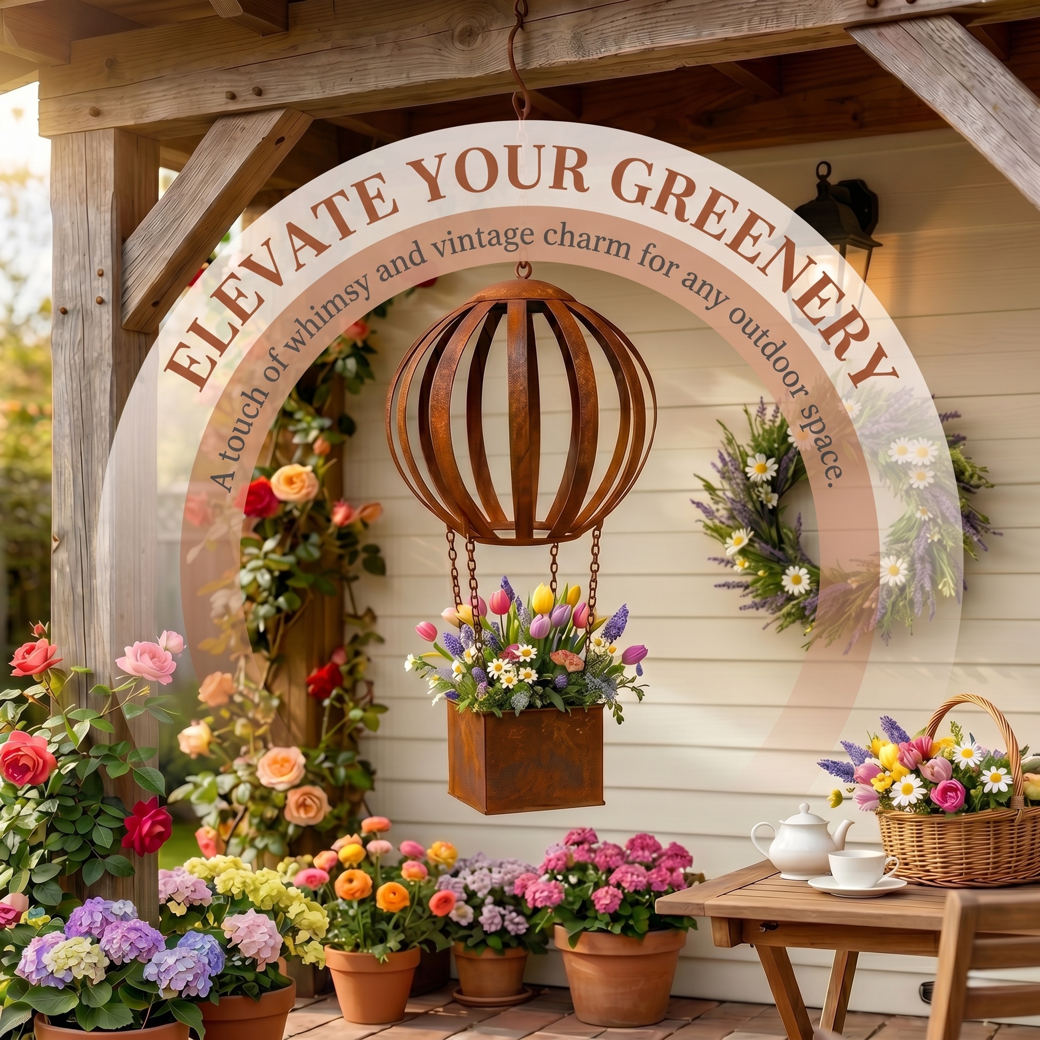 Vintage Rust-Colored Hot Air Balloon Hanging Flower