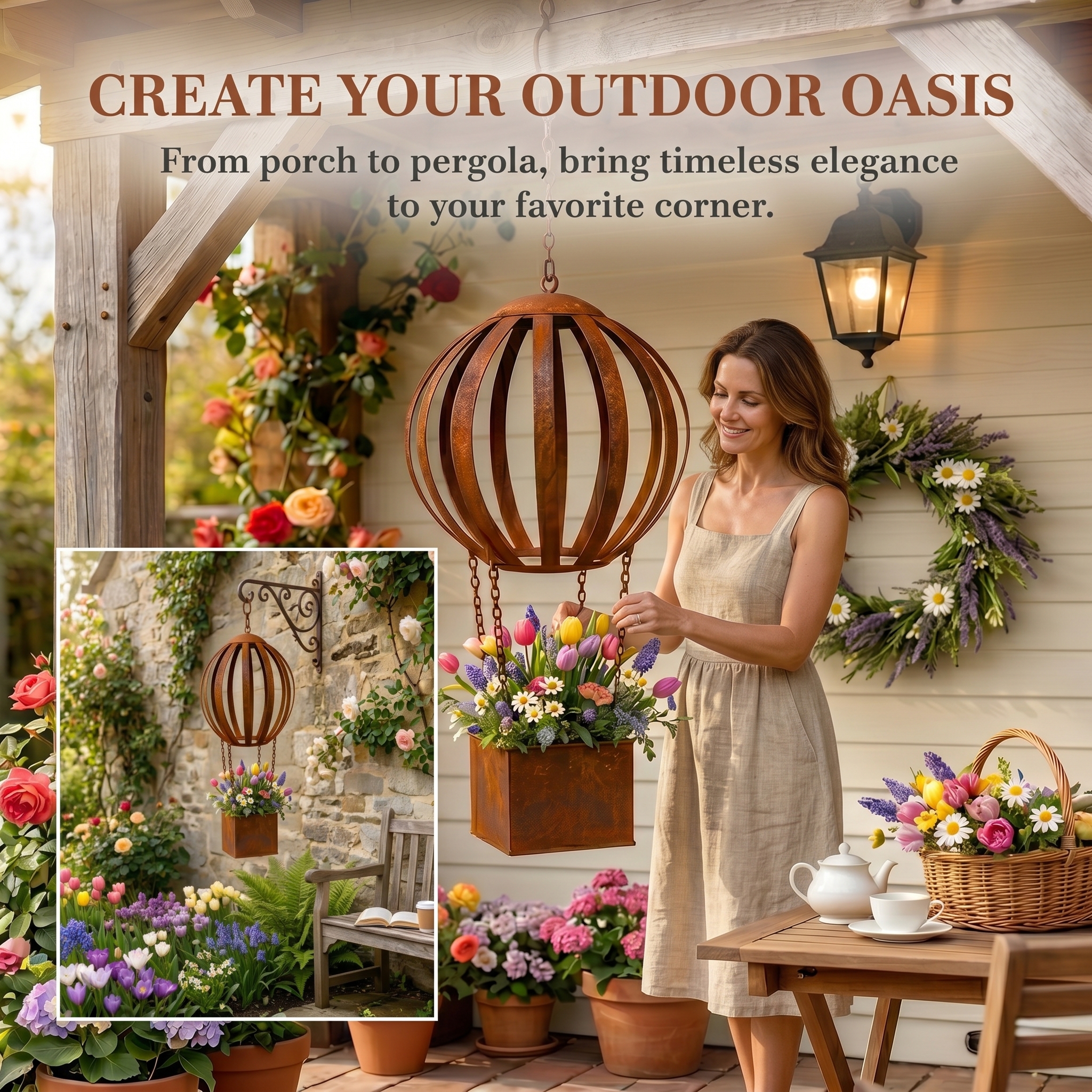 Vintage Rust-Colored Hot Air Balloon Hanging Flower