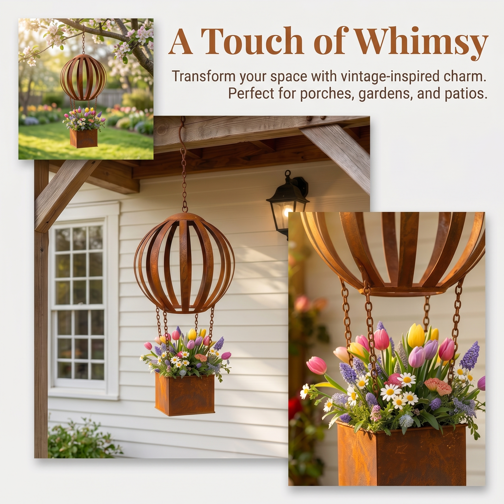 Vintage Rust-Colored Hot Air Balloon Hanging Flower