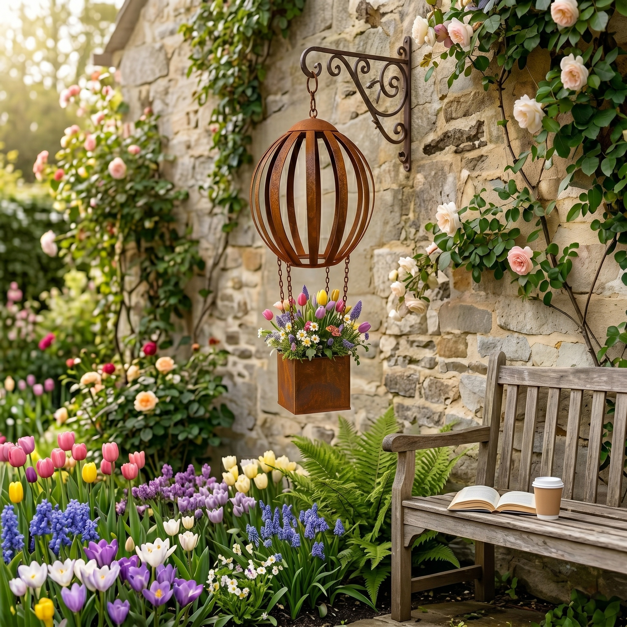 Vintage Rust-Colored Hot Air Balloon Hanging Flower