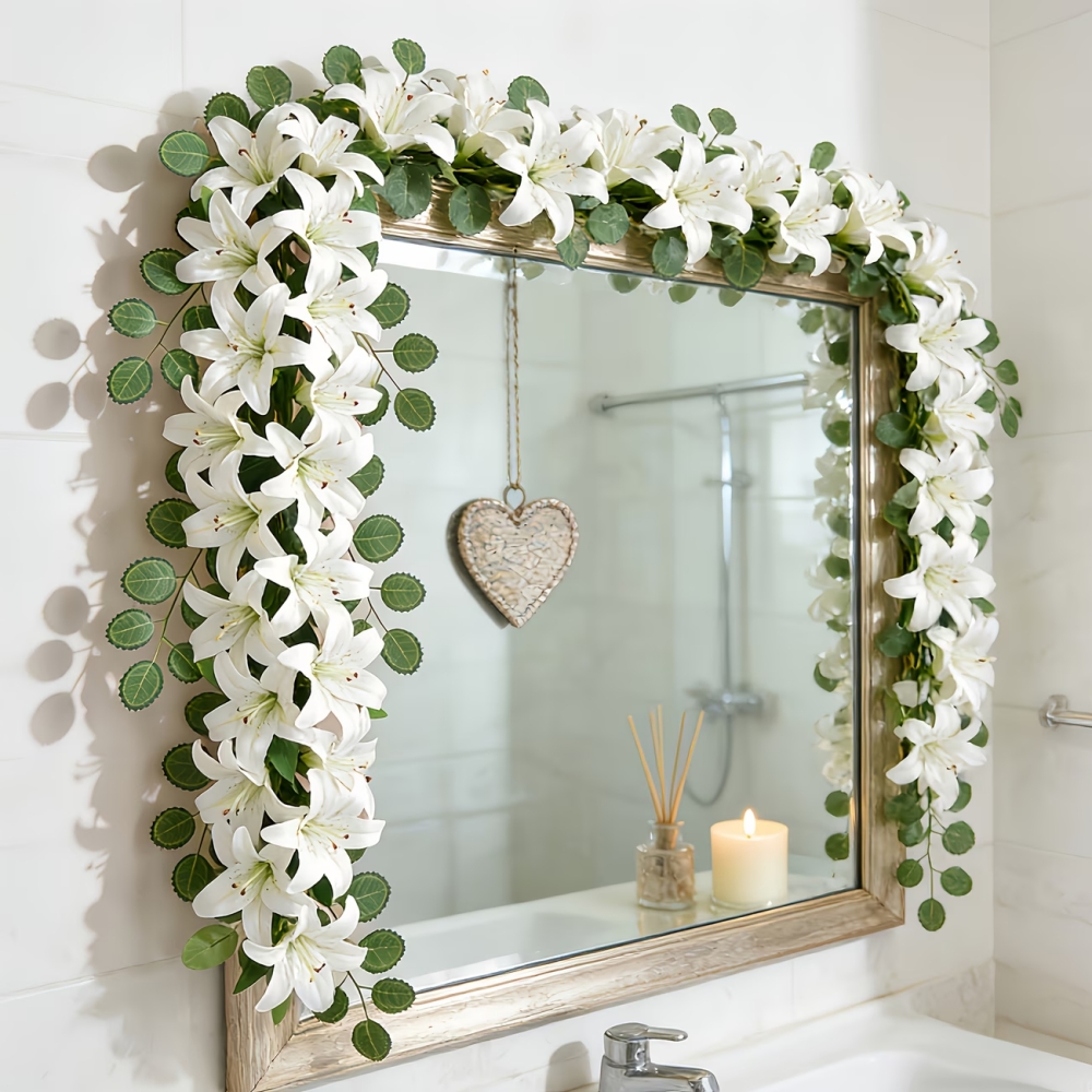 Full Bloom Artificial White Lily Garland with Lush Greenery