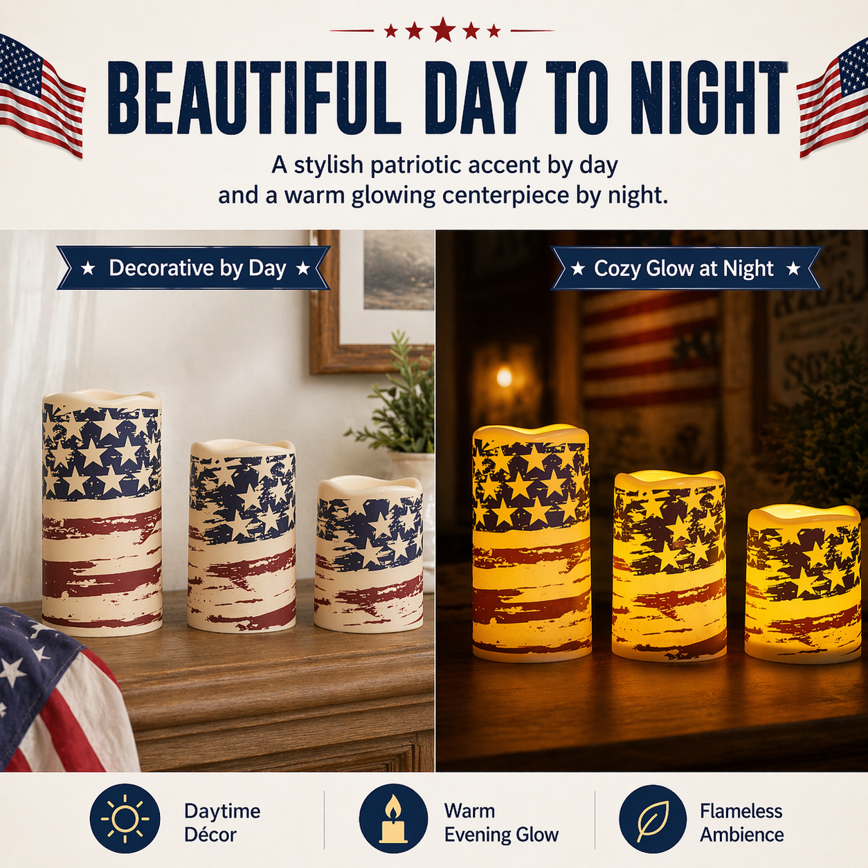 3pcs + 1 Remote Control - Flameless Independence Day Candles