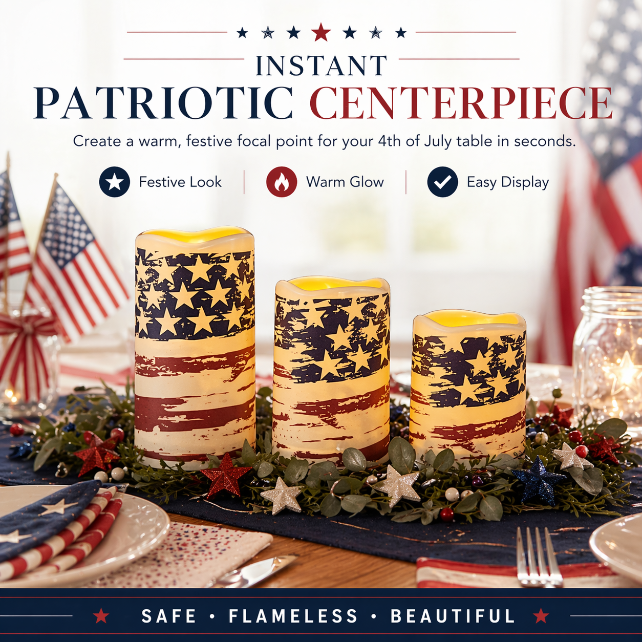 3pcs + 1 Remote Control - Flameless Independence Day Candles