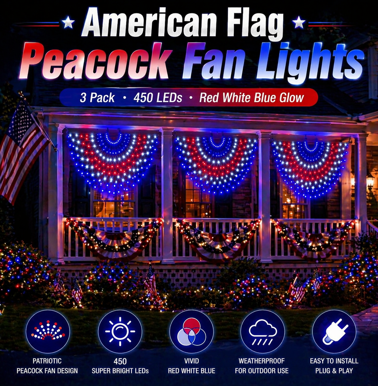 3 Pack 450 LED American Flag Banner Lights