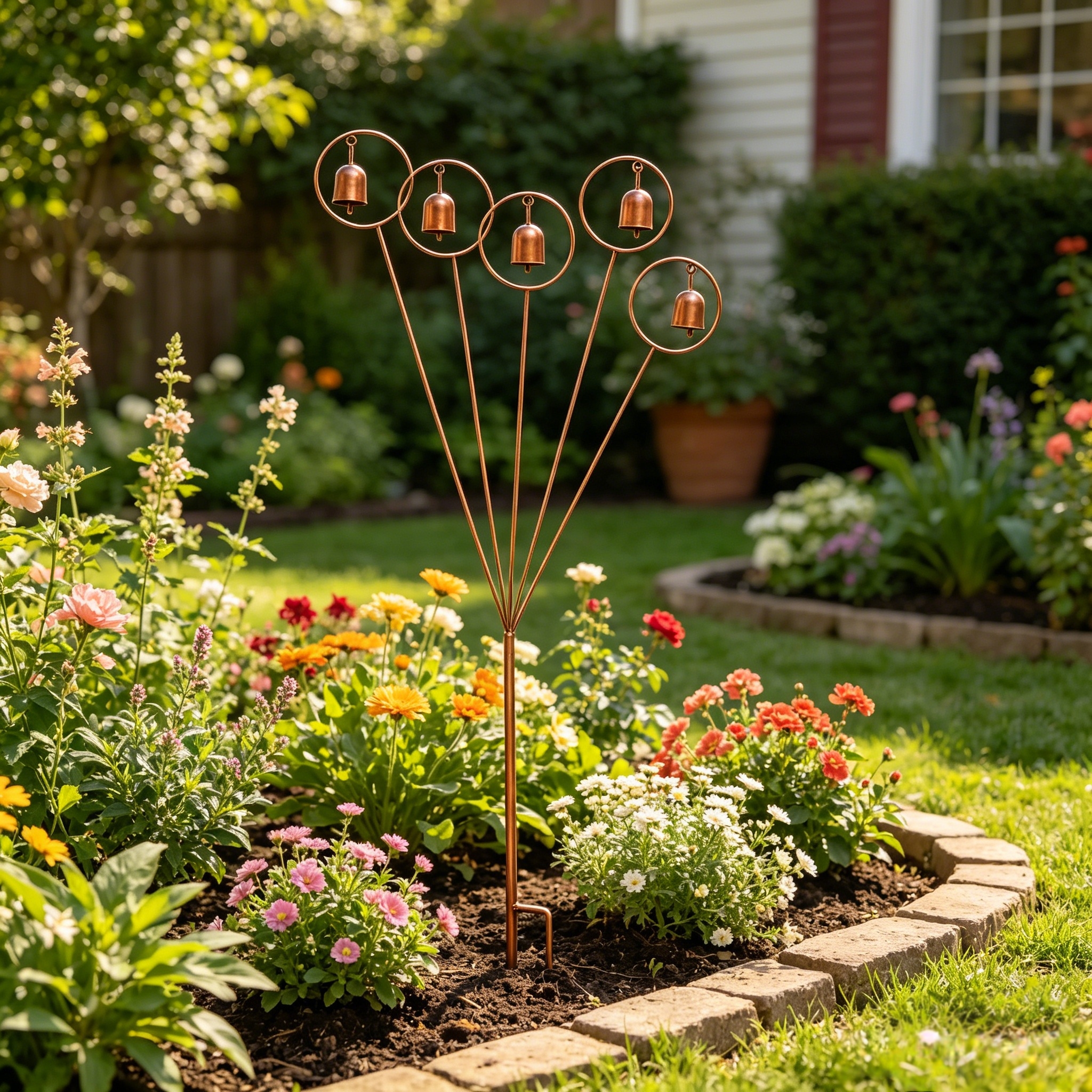 Vintage Copper Wind-Swaying Five Bell Garden Stake