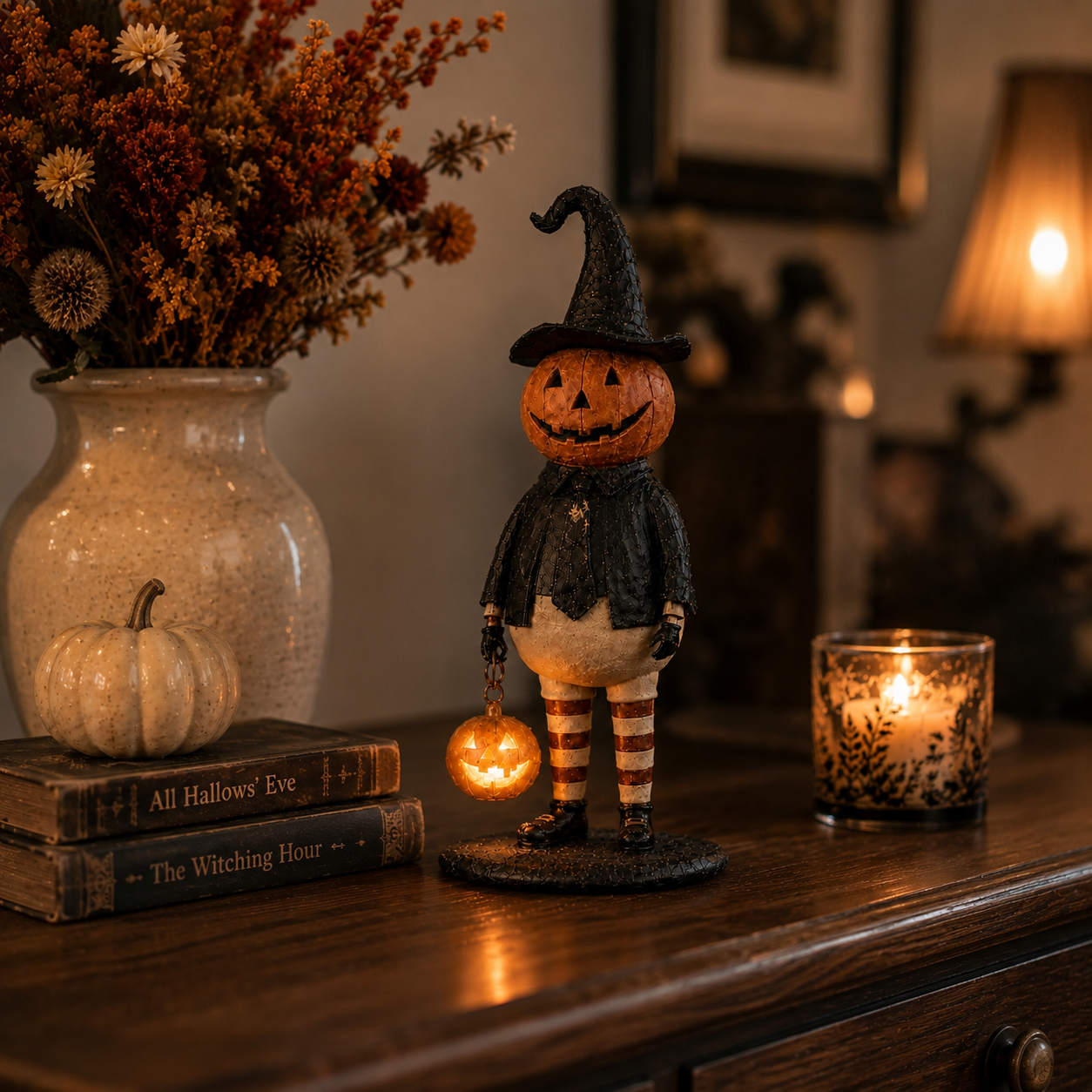 Vintage Lighted Pumpkin Witch Figurine