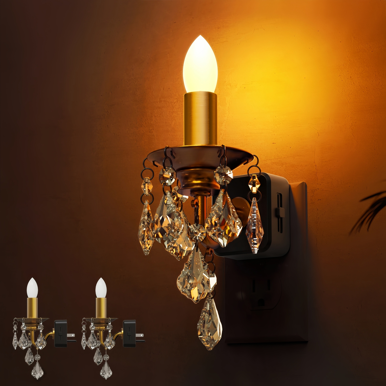 LED Amber Candle Pendant Night Light Plug-In with Crystal Drops, Dimmable 1W Nightlight for Hallway & Bedroom