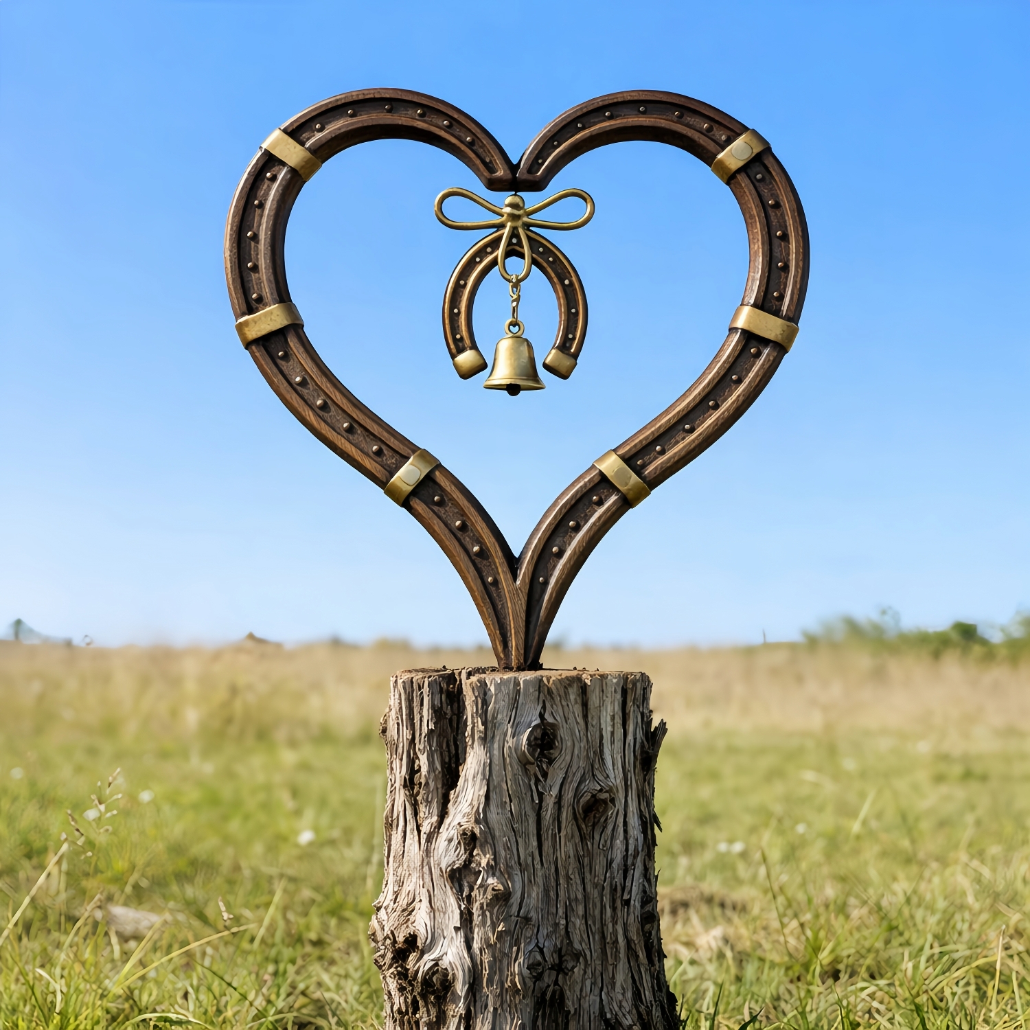 Handcrafted Horseshoe Heart Metal Garden Stake with Lucky Bell