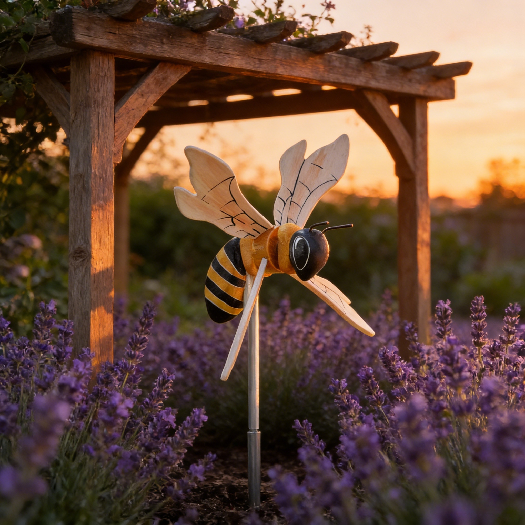 Wooden Bee Wind Spinner Garden Stake – Hand-Painted Outdoor Yard Decor