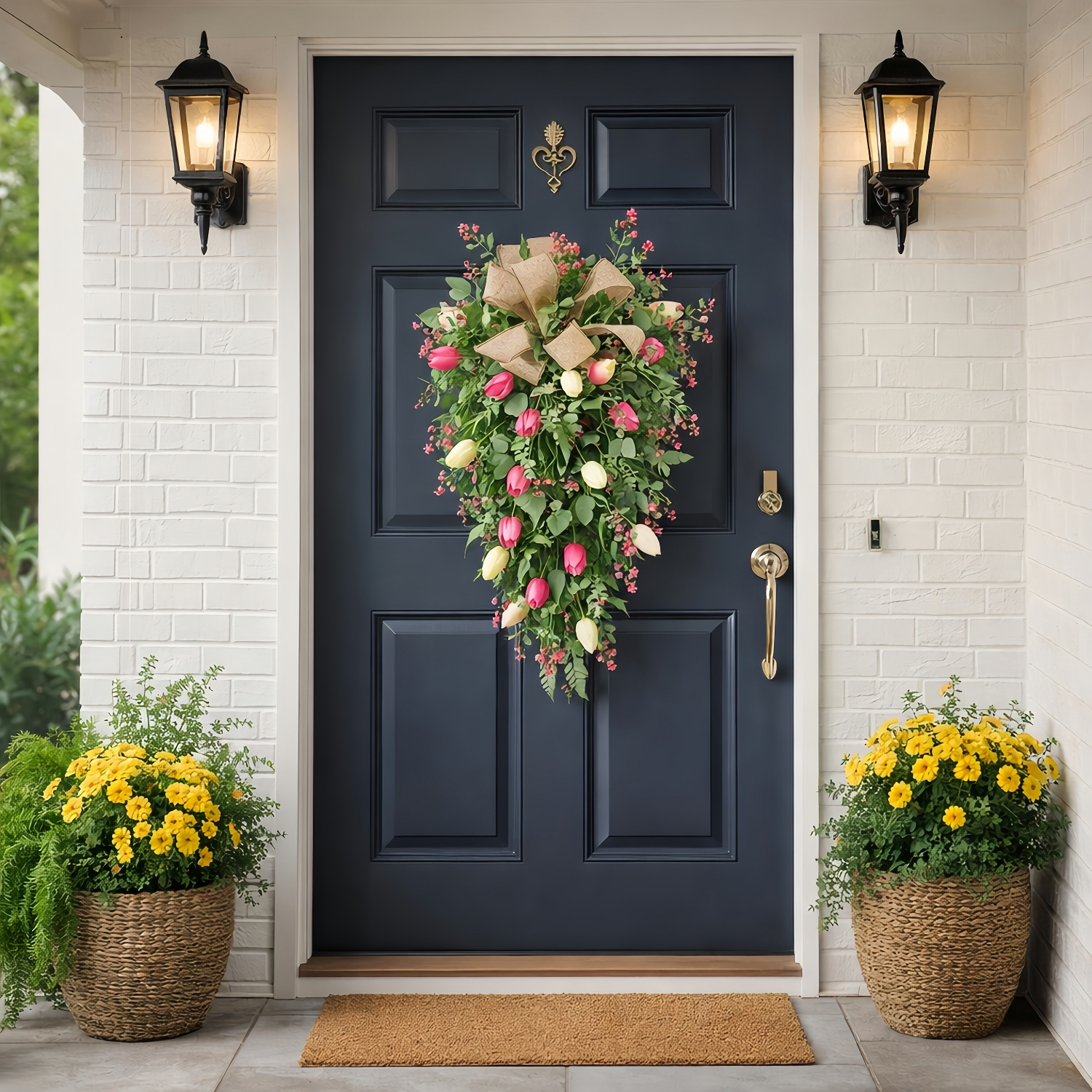 Artificial Tulip Door Swag with Greenery Leaves and Burlap Bow