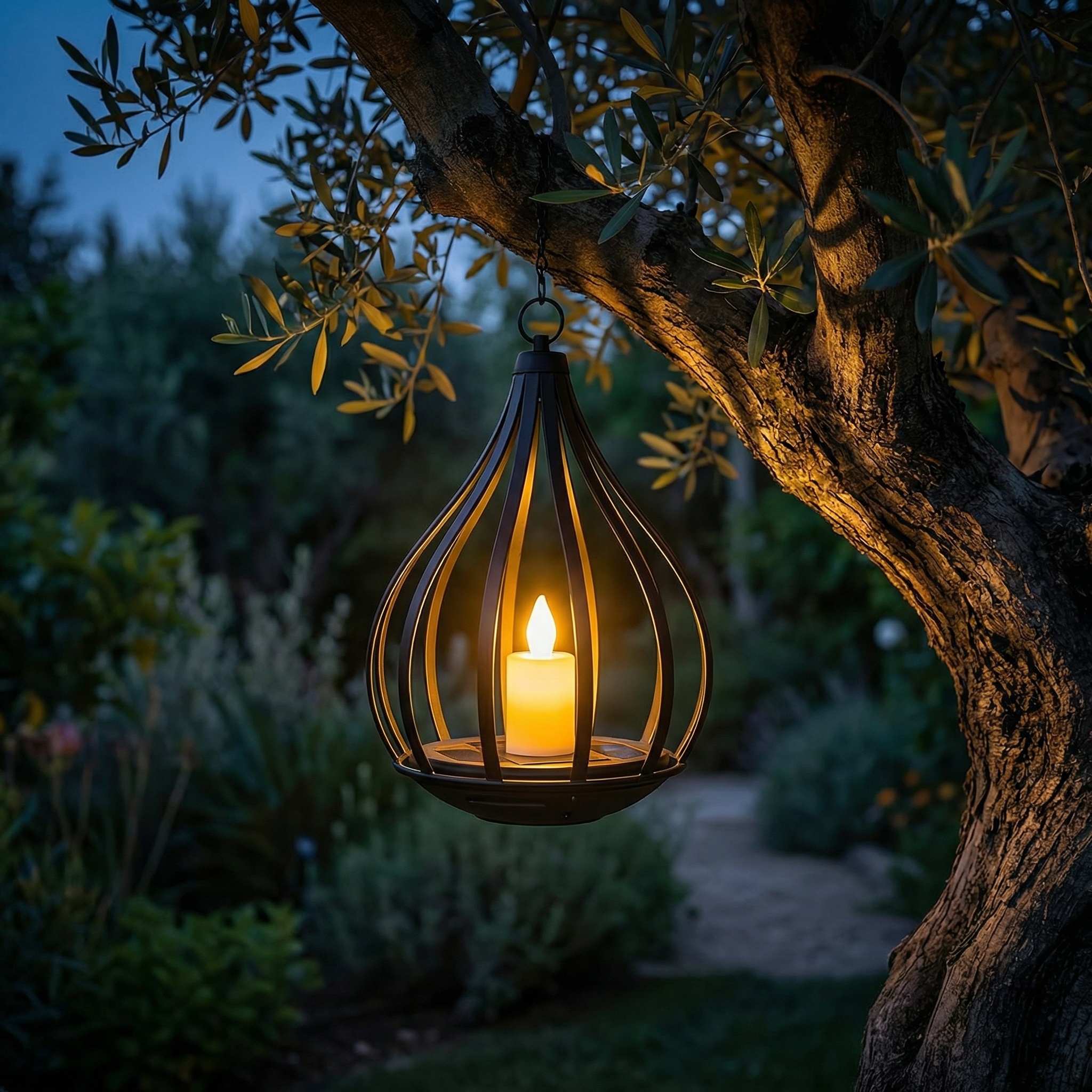 Solar Outdoor Pendant Light, Teardrop Candle Lantern Pathway Light with Pole, Warm White Flickering Flame Effect