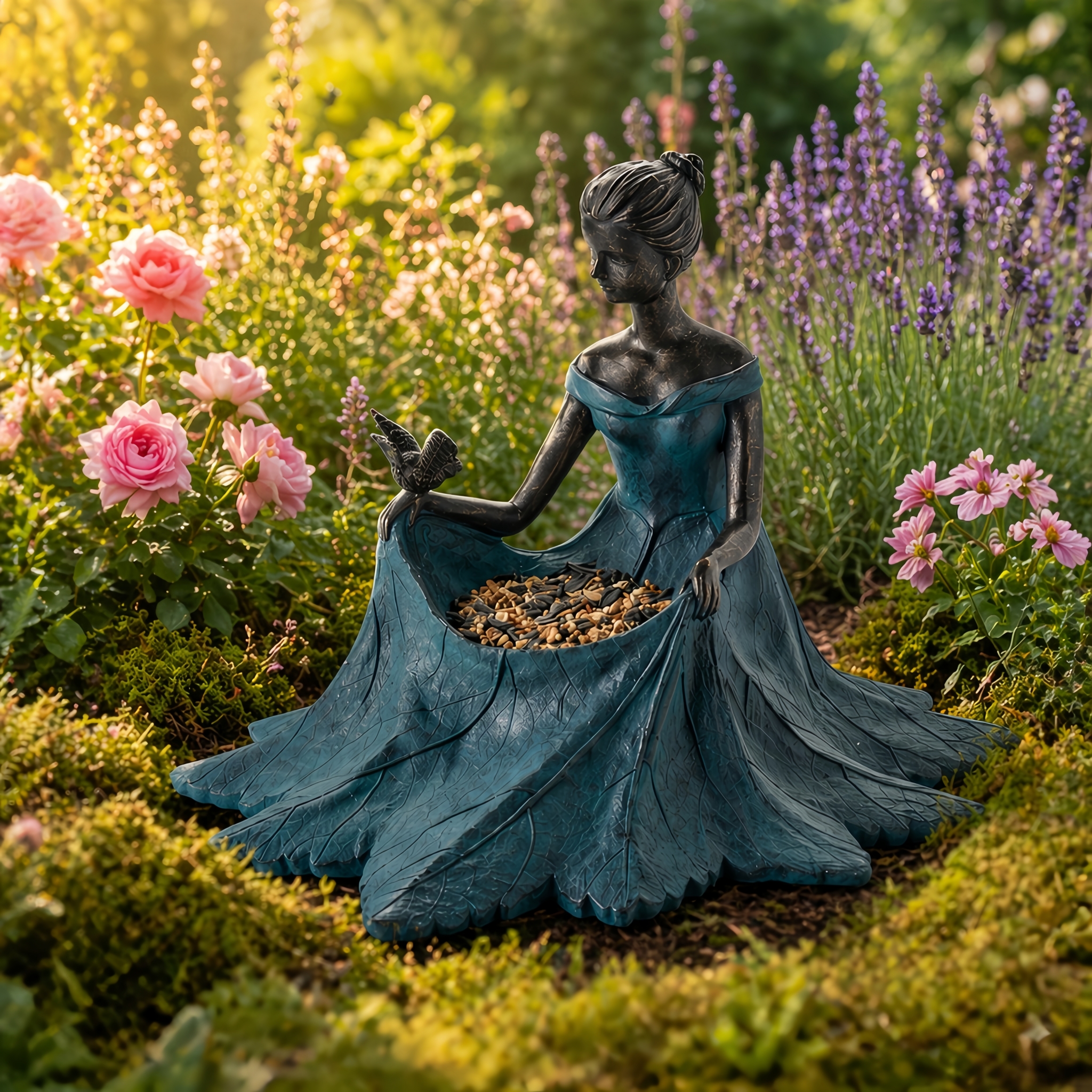Elegant Lady Garden Bird Feeder Statue with Seed Bowl