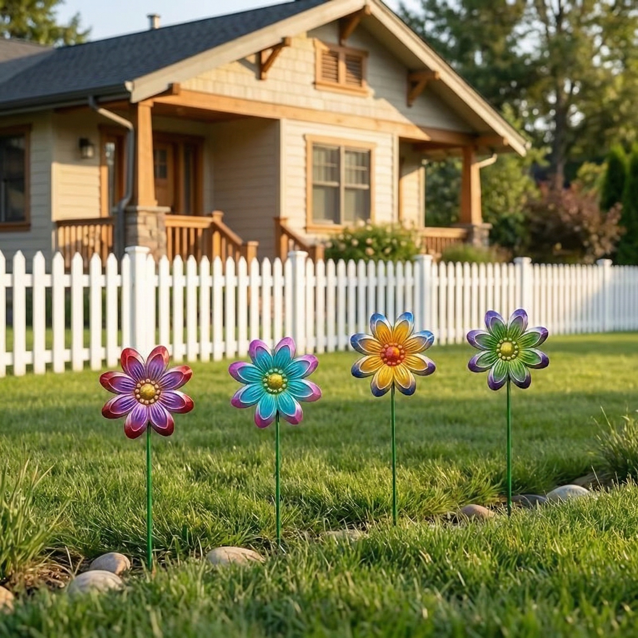 Set of 4 Outdoor Metal Colorful Floral Garden Decor Stakes
