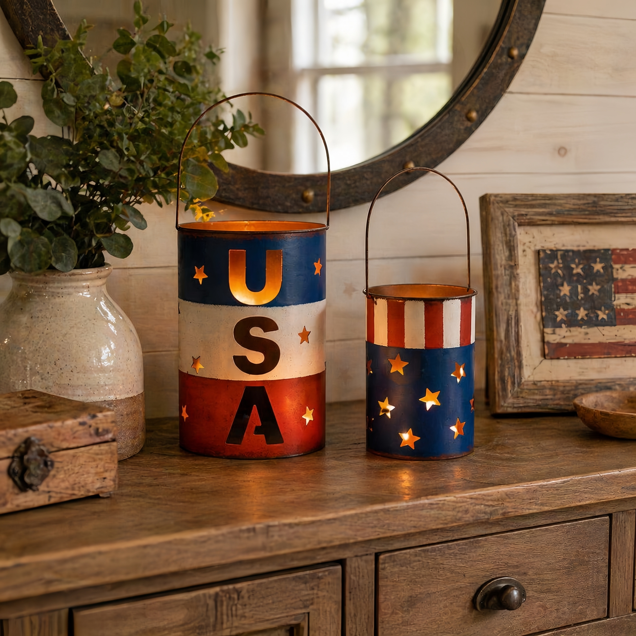 Patriotic Metal Candle Lantern Set