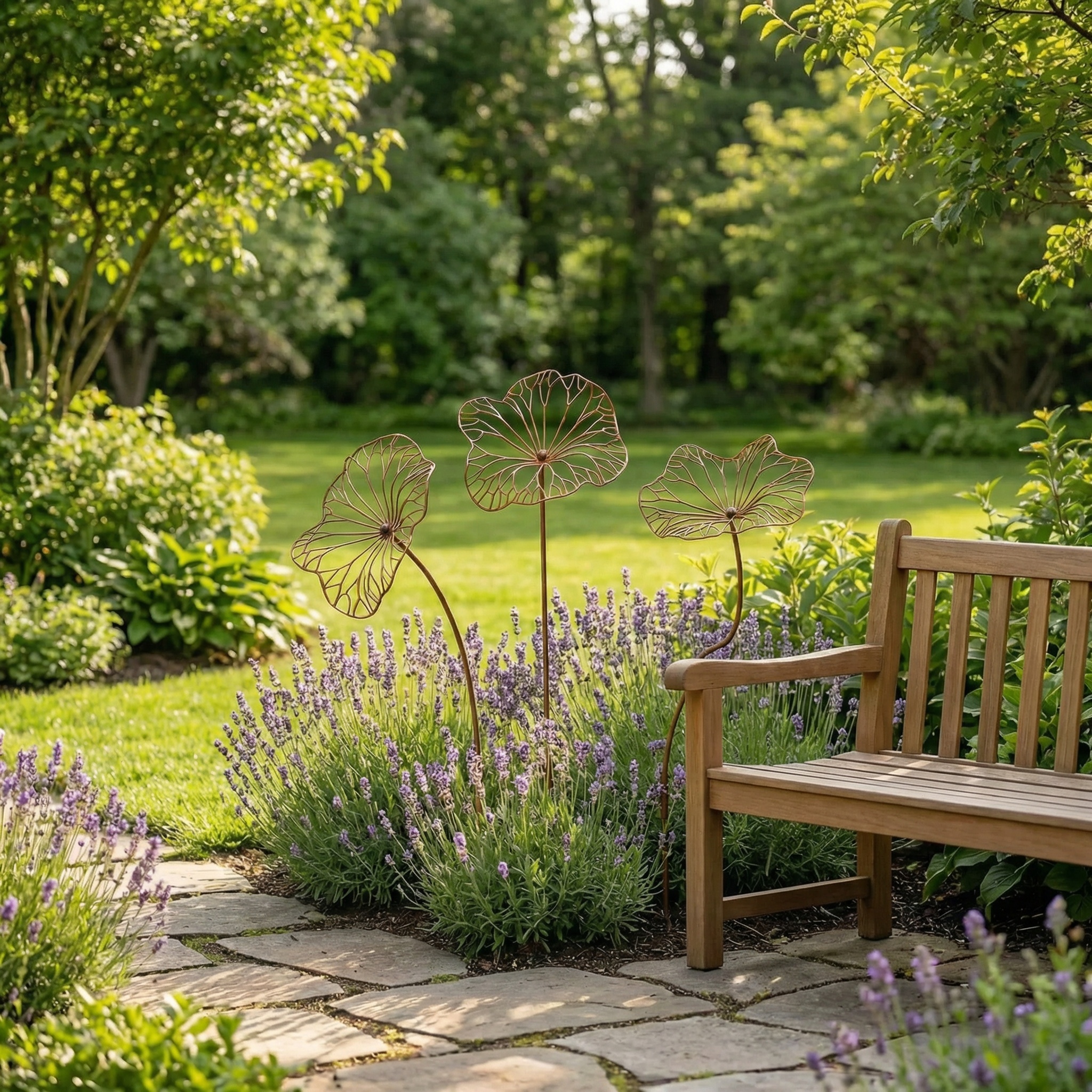 Set of 3 Rustic Iron Lotus Leaf Garden Stakes