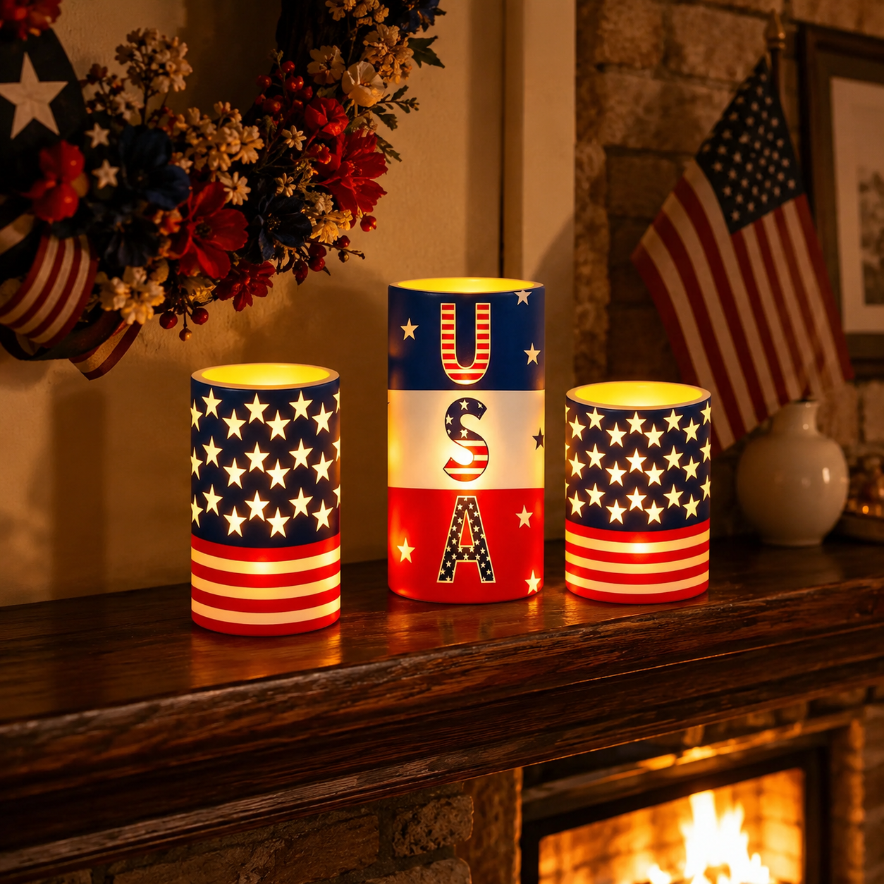 3PCS Patriotic Flameless LED Candle Set with Remote