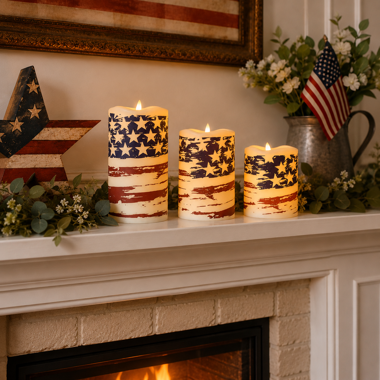 Set of 3 Patriotic LED Pillar Candles with Realistic Flame & Timer