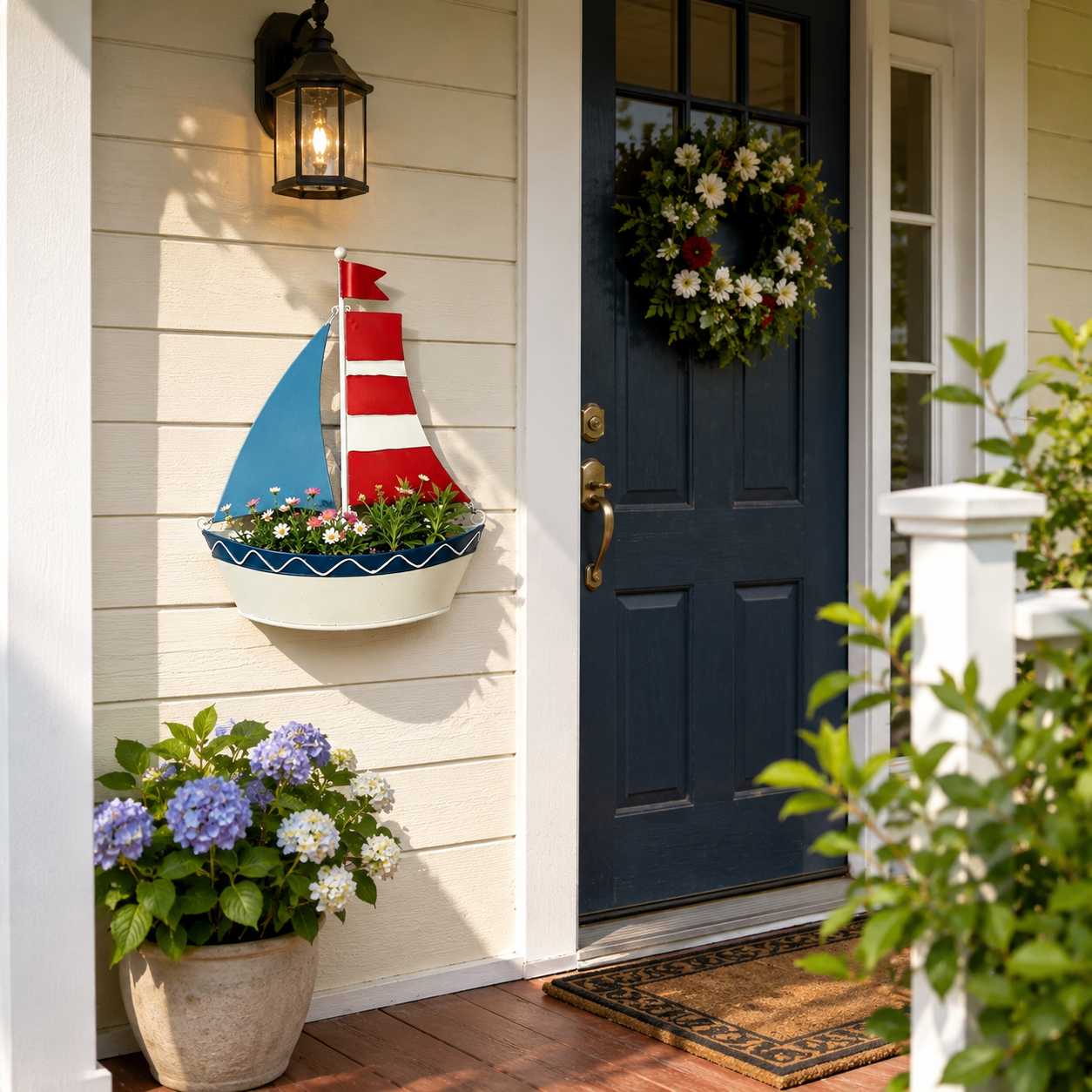 Iron Art Painted Sailboat-Shaped Wall Hanging Flower Pot