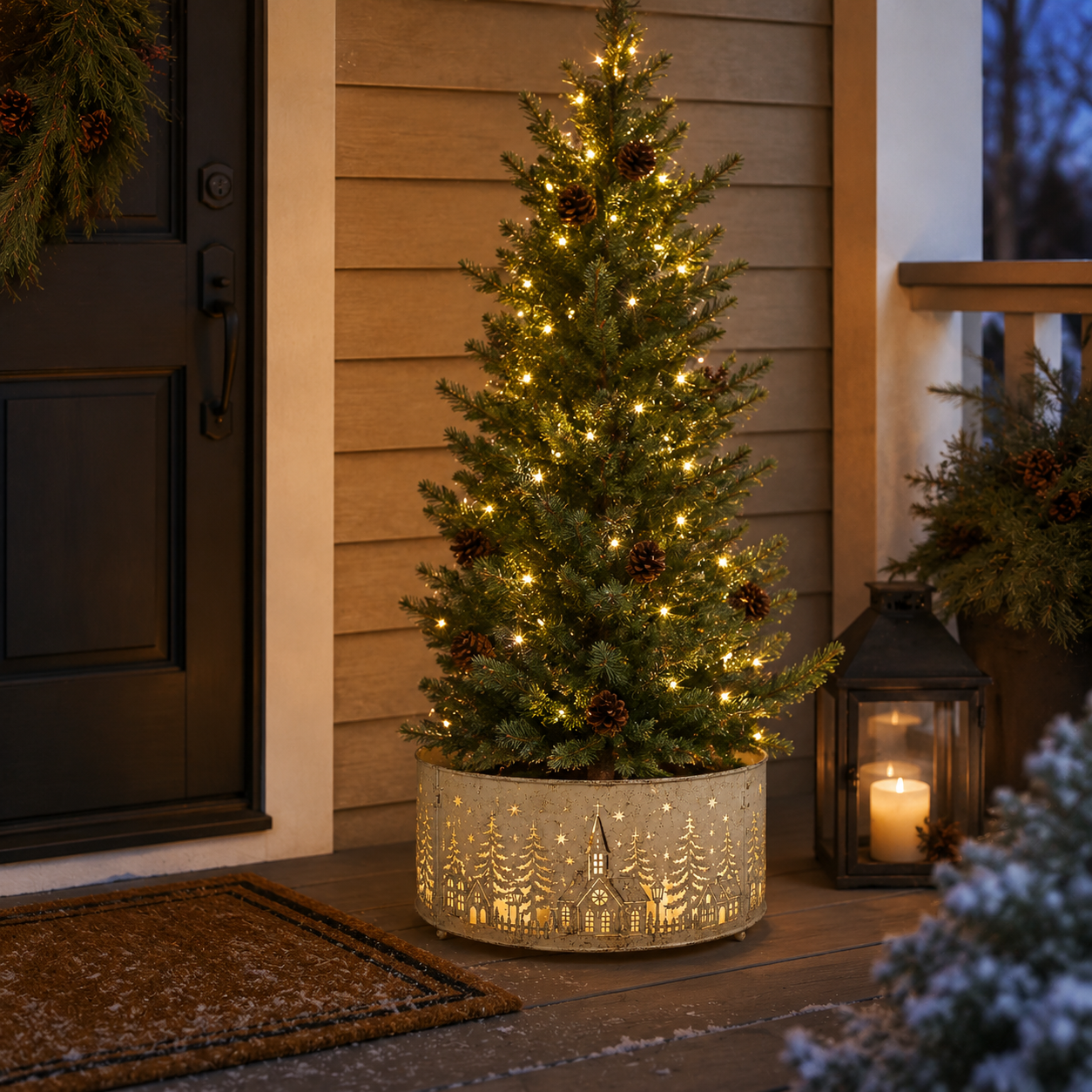 Pre-Lit Metal Christmas Tree Collar with Lighted Village Cutouts