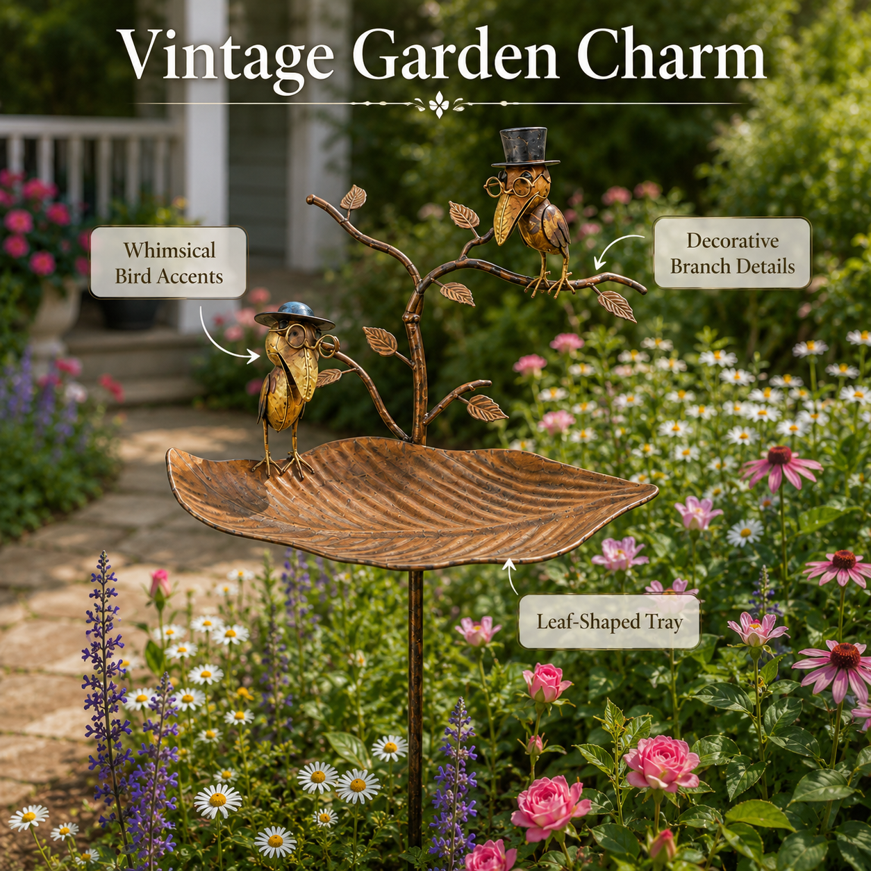 Vintage Metal Leaf Bird Feeder Garden Stake