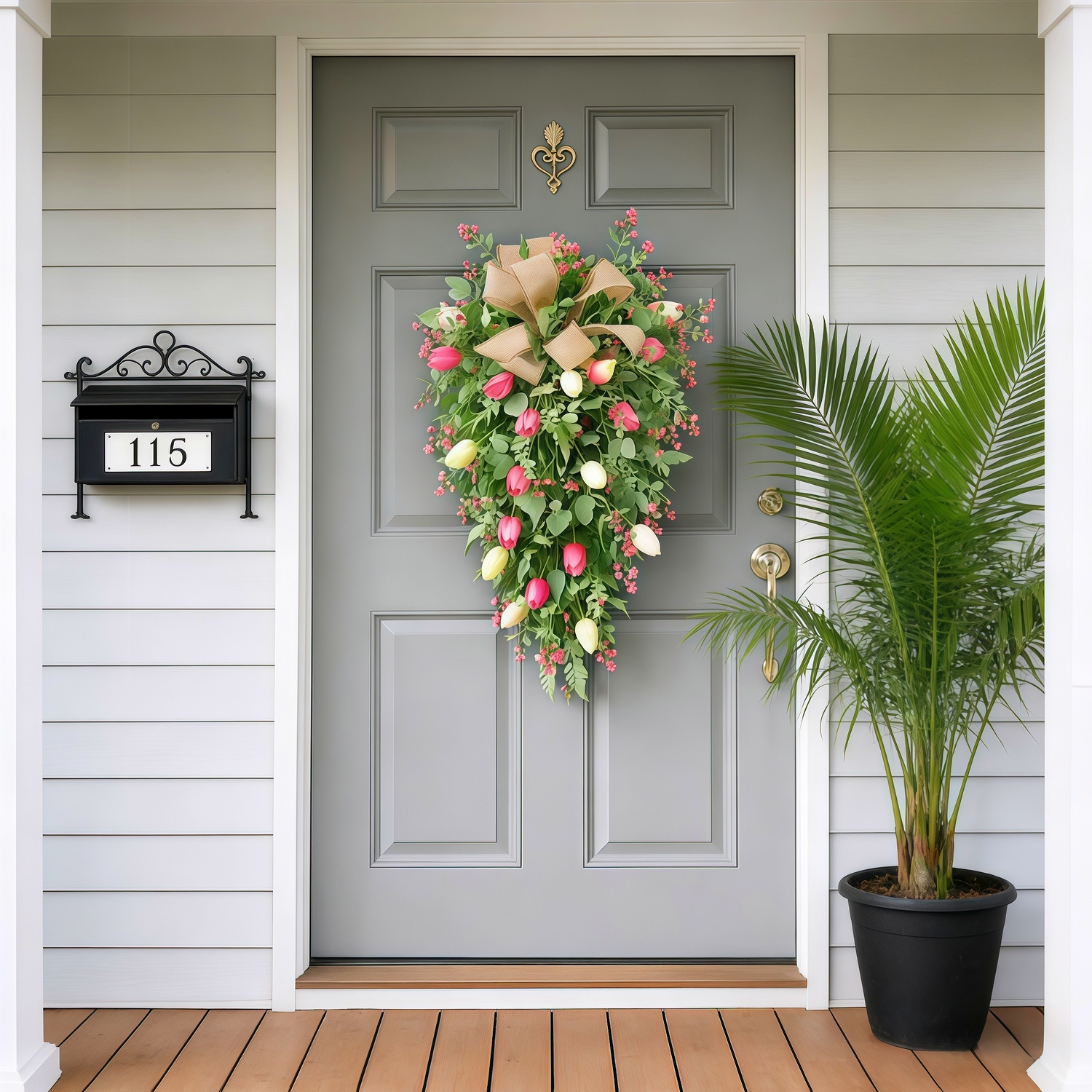 Artificial Tulip Door Swag with Greenery Leaves and Burlap Bow
