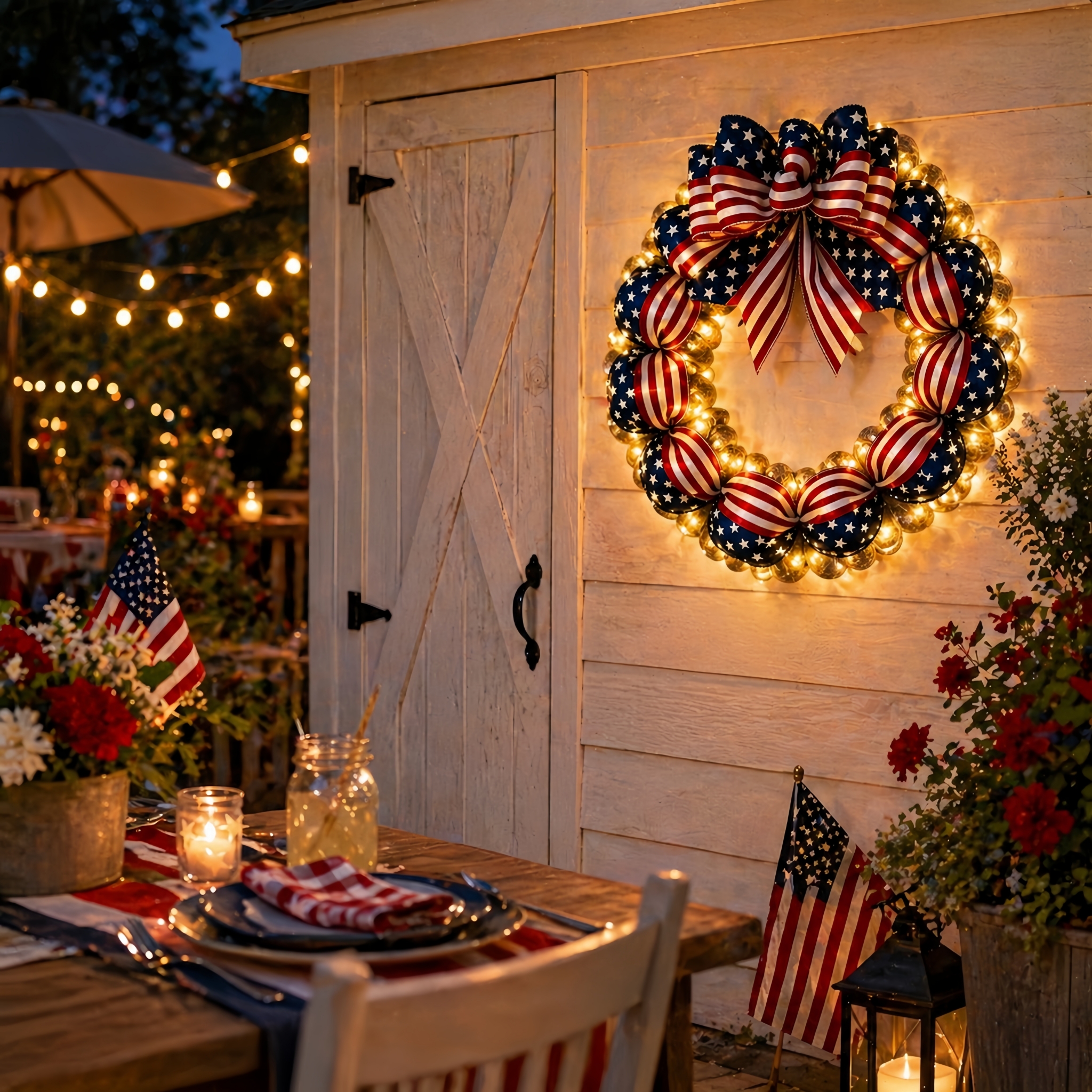 Lighted Patriotic American Flag Wreath