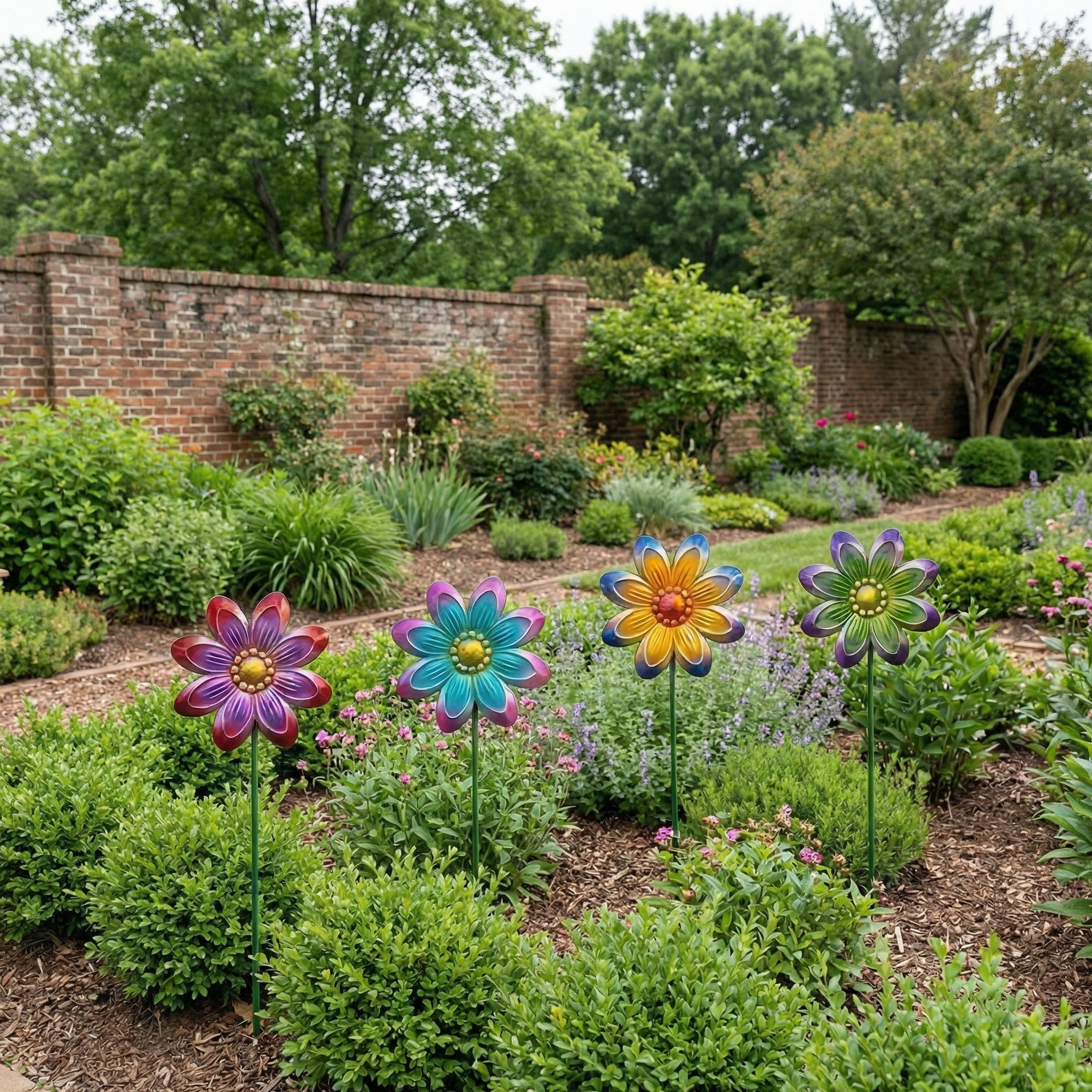 Set of 4 Outdoor Metal Colorful Floral Garden Decor Stakes