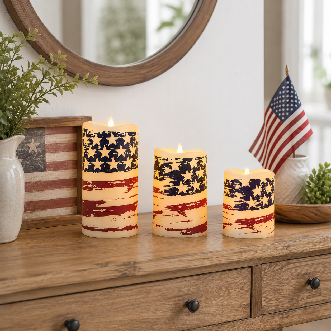 Set of 3 Patriotic LED Pillar Candles with Realistic Flame & Timer