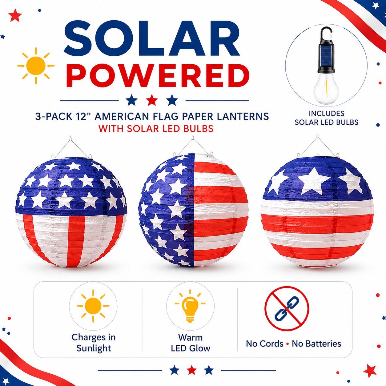 American Flag Solar Paper Lanterns with LED Bulbs