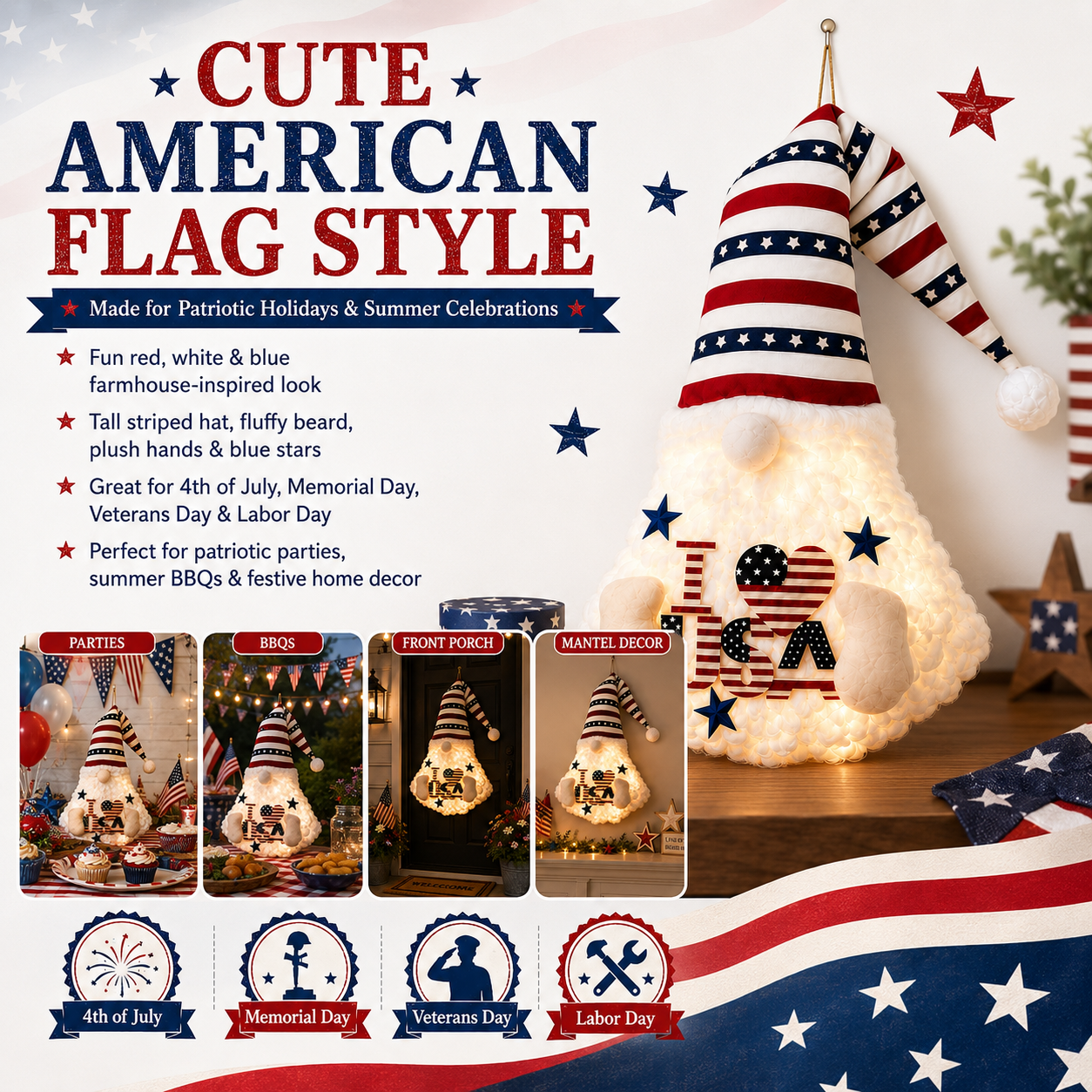 24" Lighted Patriotic Gnome Front Door Decor