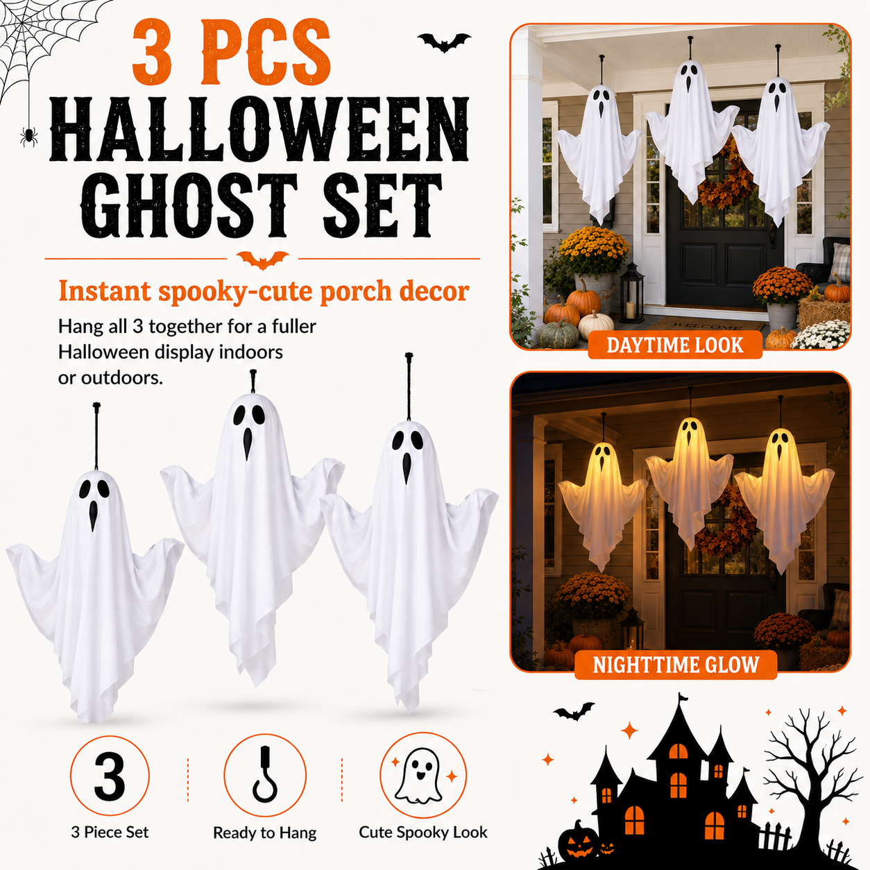 Set of 3 Lighted Hanging Ghost Decorations for Halloween