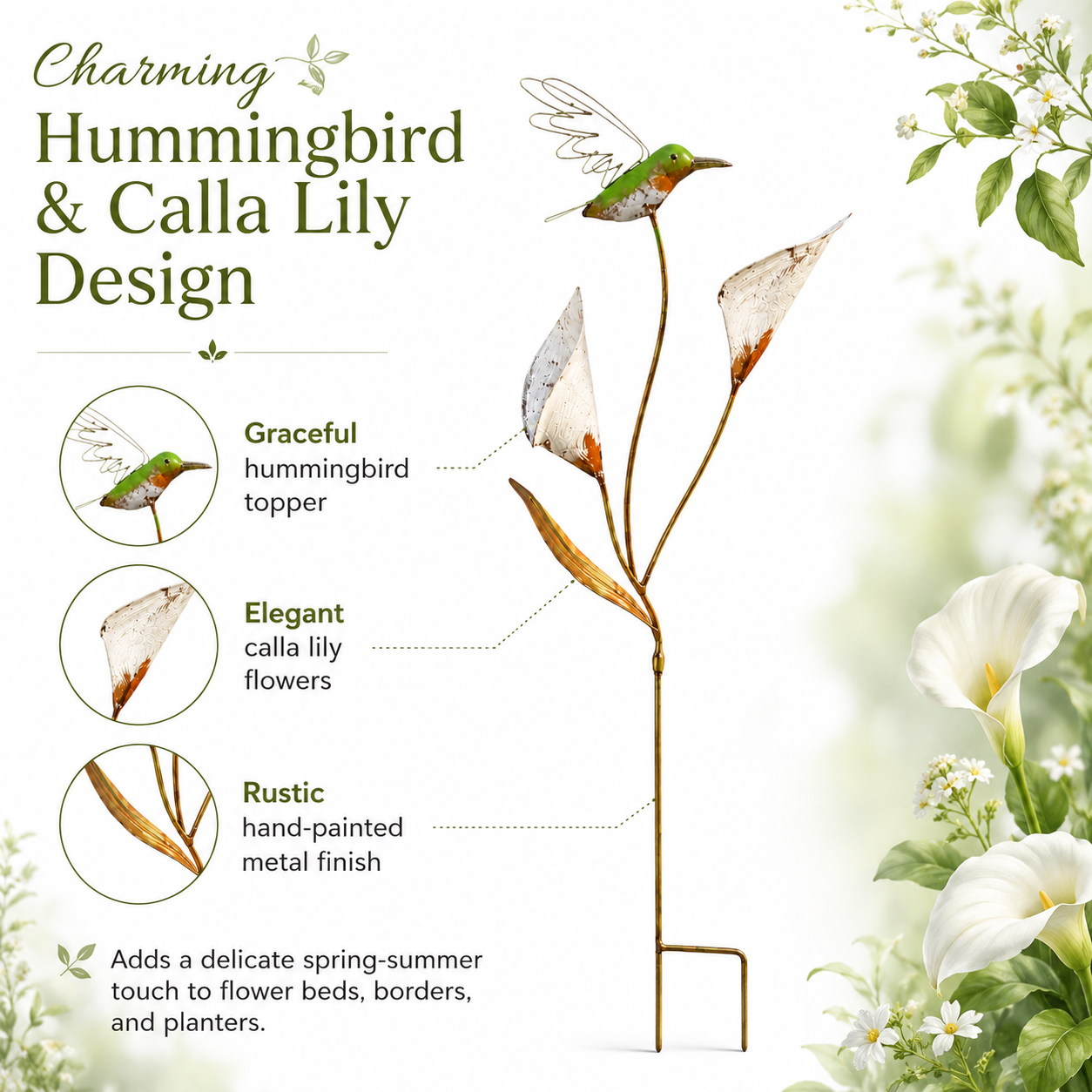 Metal Hummingbird Rustic Garden Stake with Calla Lily Flowers