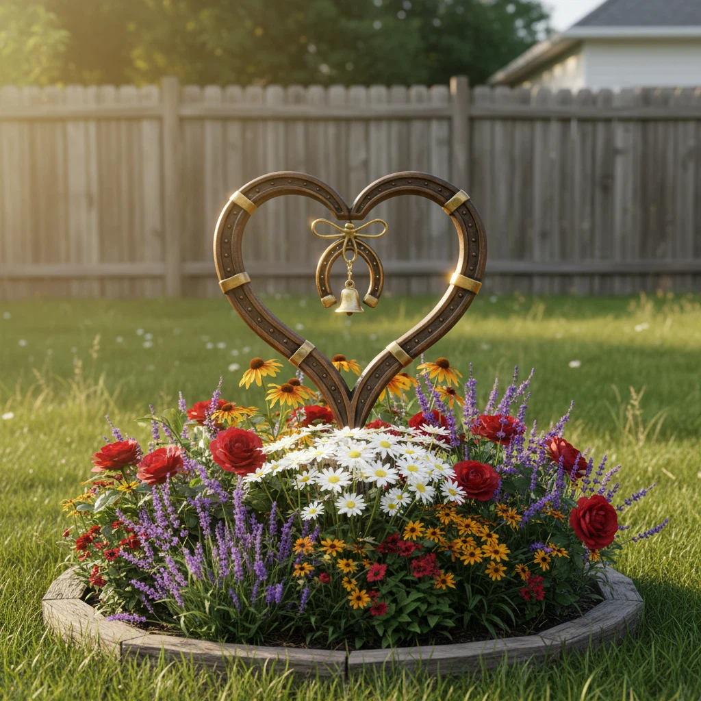 Handcrafted Horseshoe Heart Metal Garden Stake with Lucky Bell