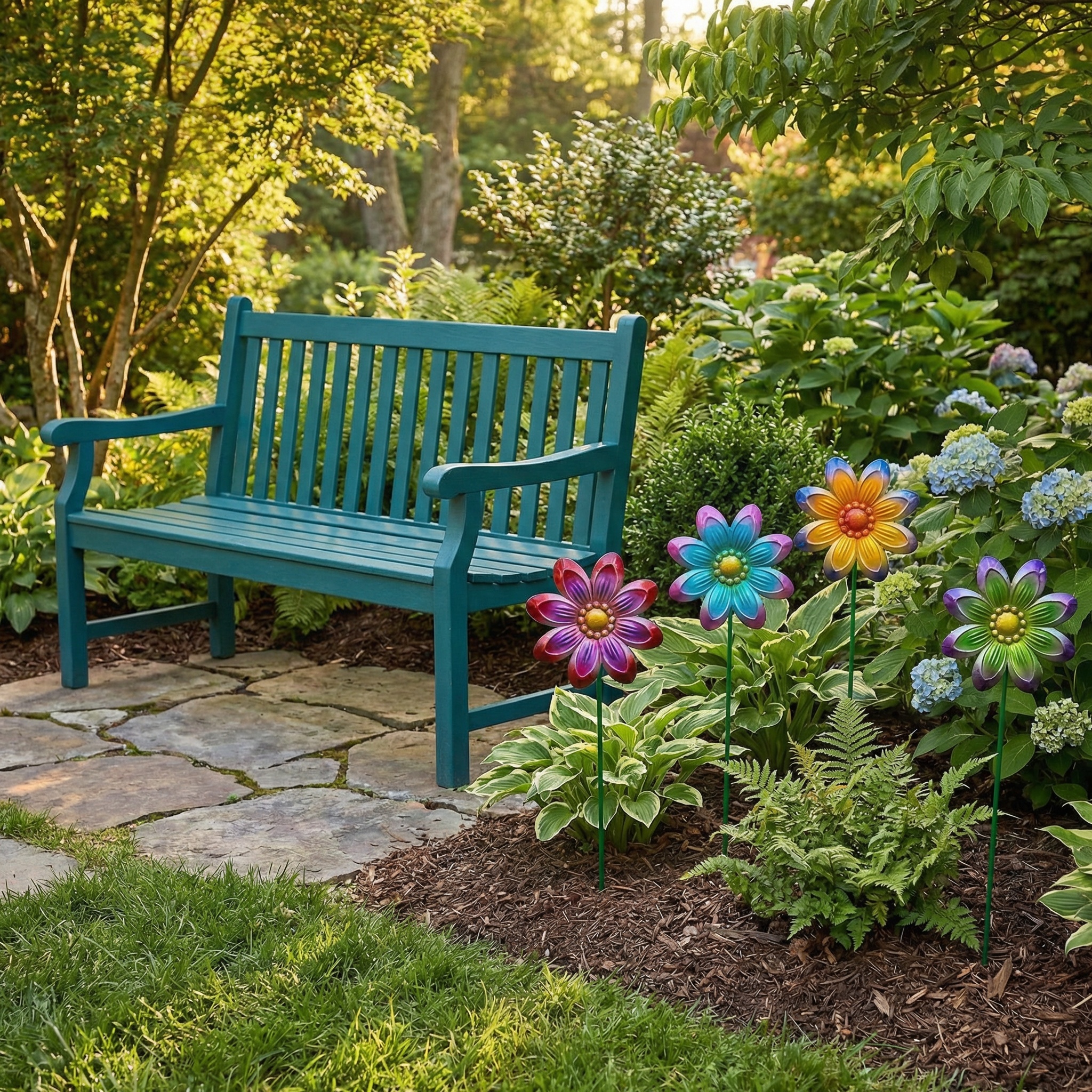 Set of 4 Outdoor Metal Colorful Floral Garden Decor Stakes