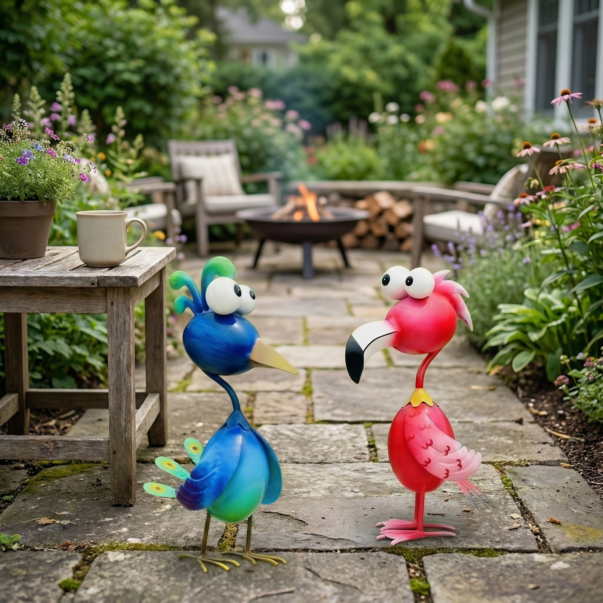 Whimsical Metal Bird Garden Statue