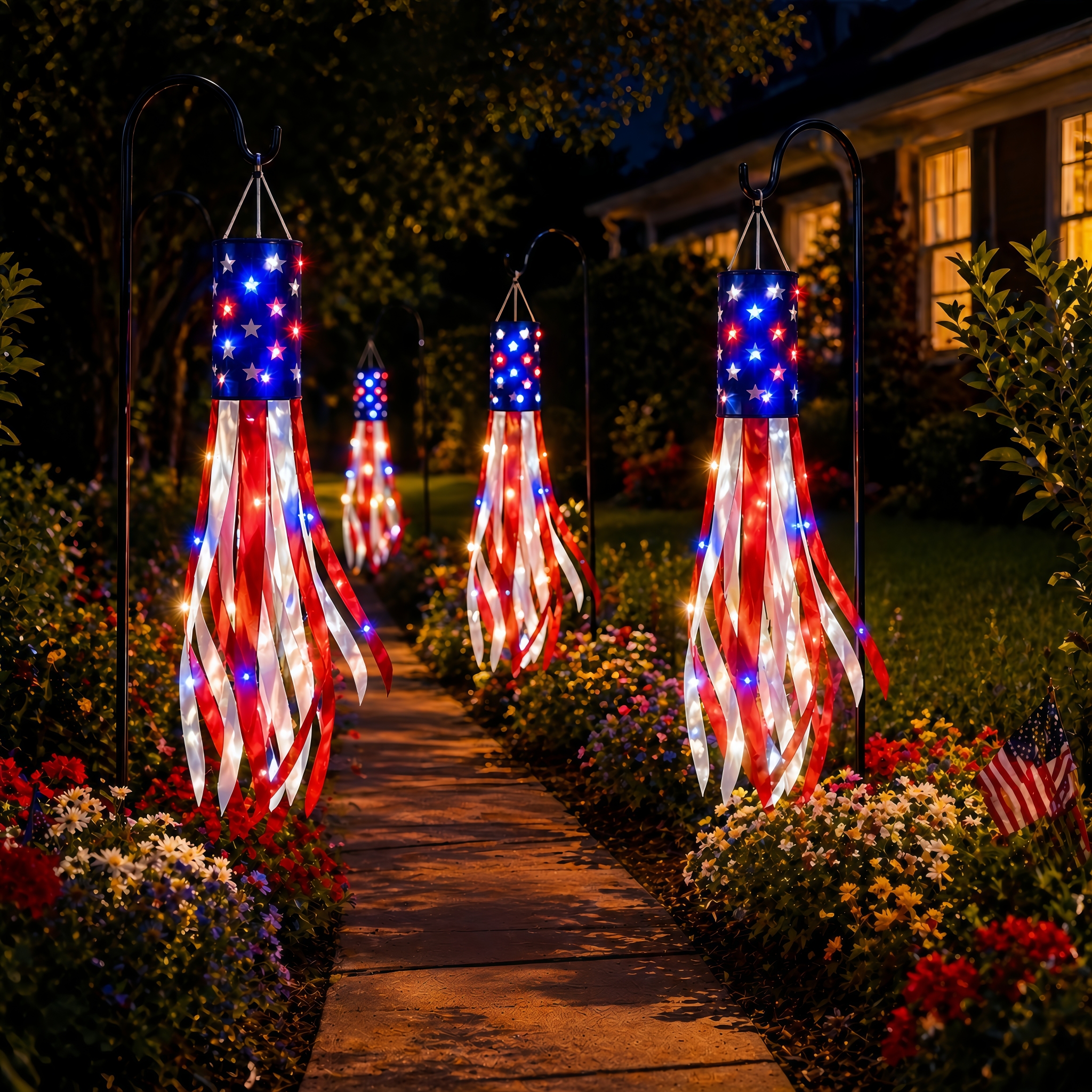 3 Pack 50 Inch Large American Flag Windsocks with Red White Blue Lights