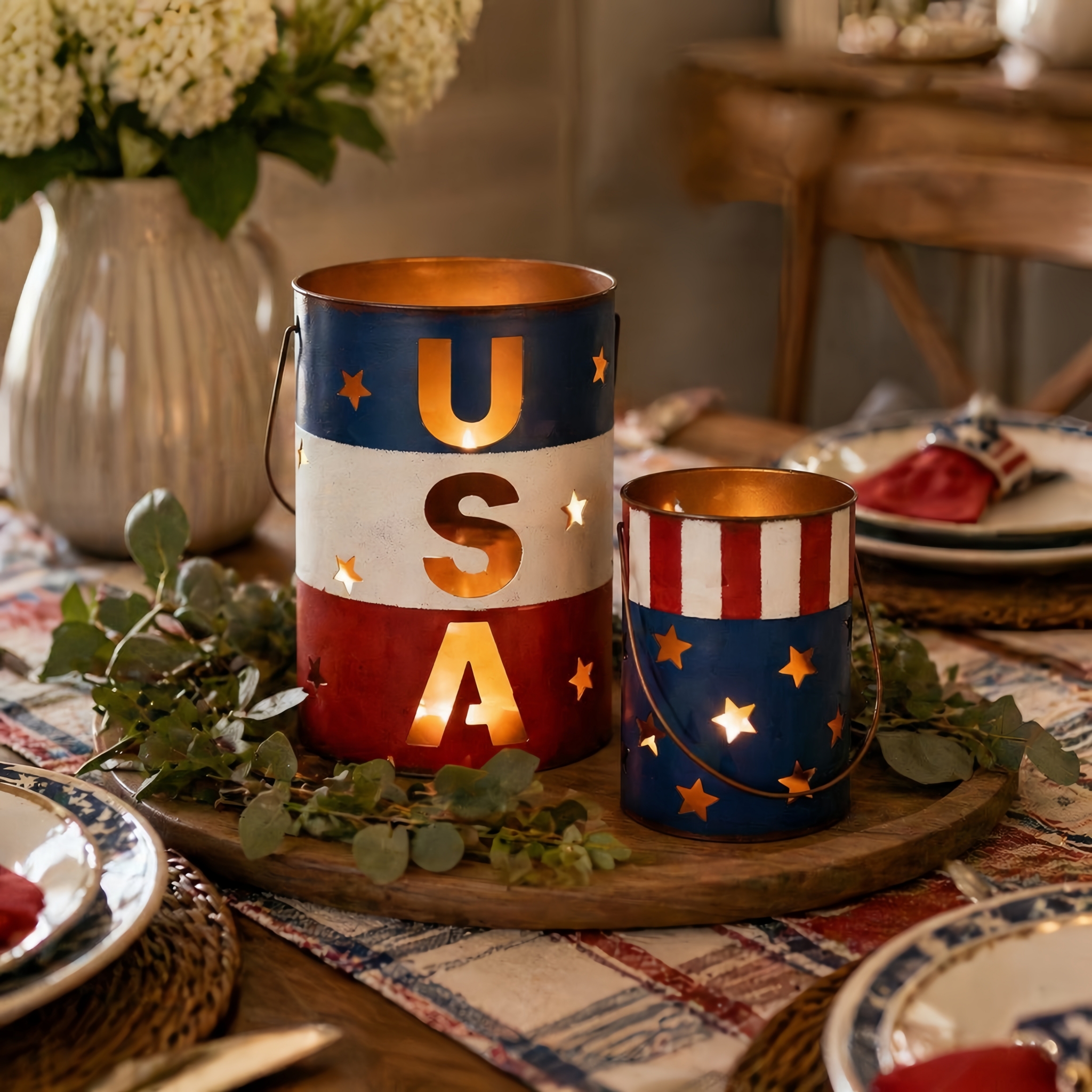 Patriotic Metal Candle Lantern Set