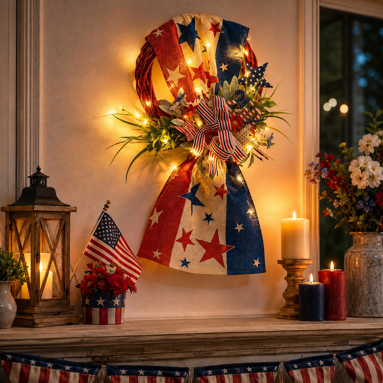 Lighted Patriotic Front Door Swag Wreath