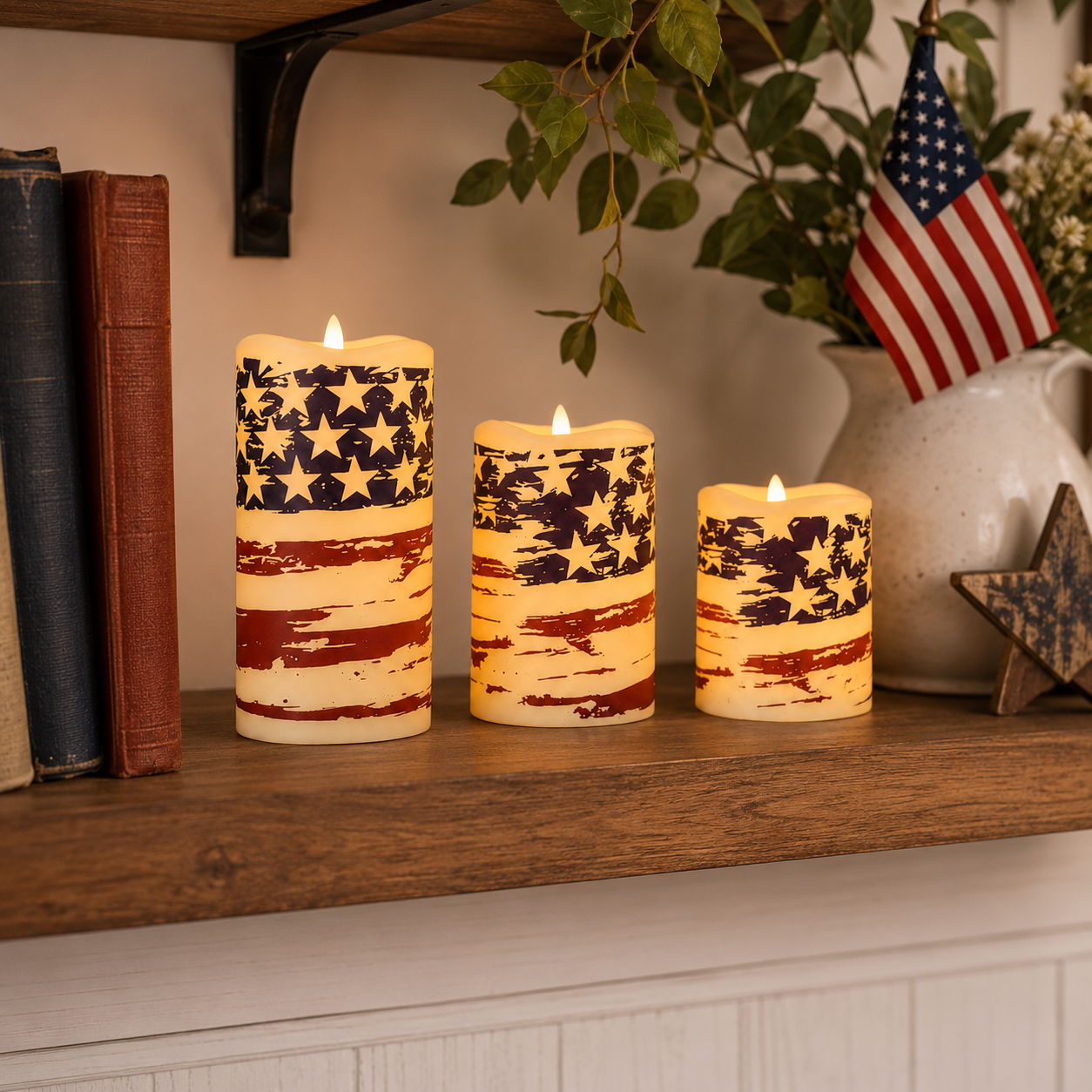 Set of 3 Patriotic LED Pillar Candles with Realistic Flame & Timer