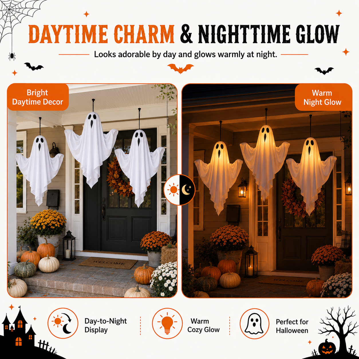 Set of 3 Lighted Hanging Ghost Decorations for Halloween
