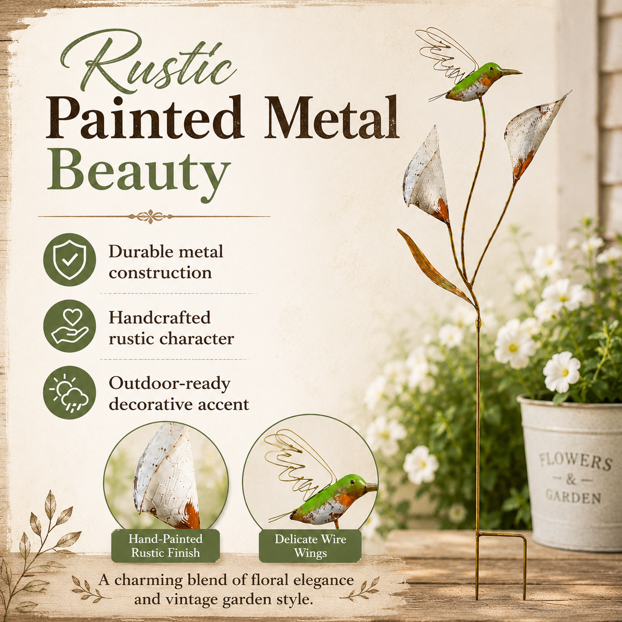 Metal Hummingbird Rustic Garden Stake with Calla Lily Flowers