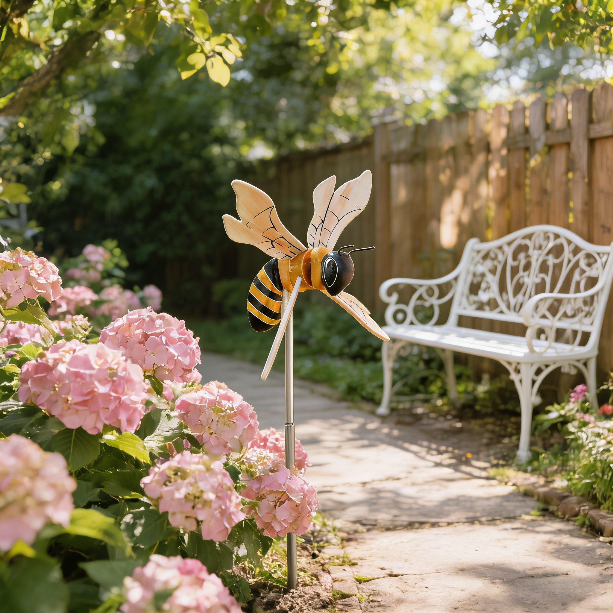 Wooden Bee Wind Spinner Garden Stake – Hand-Painted Outdoor Yard Decor