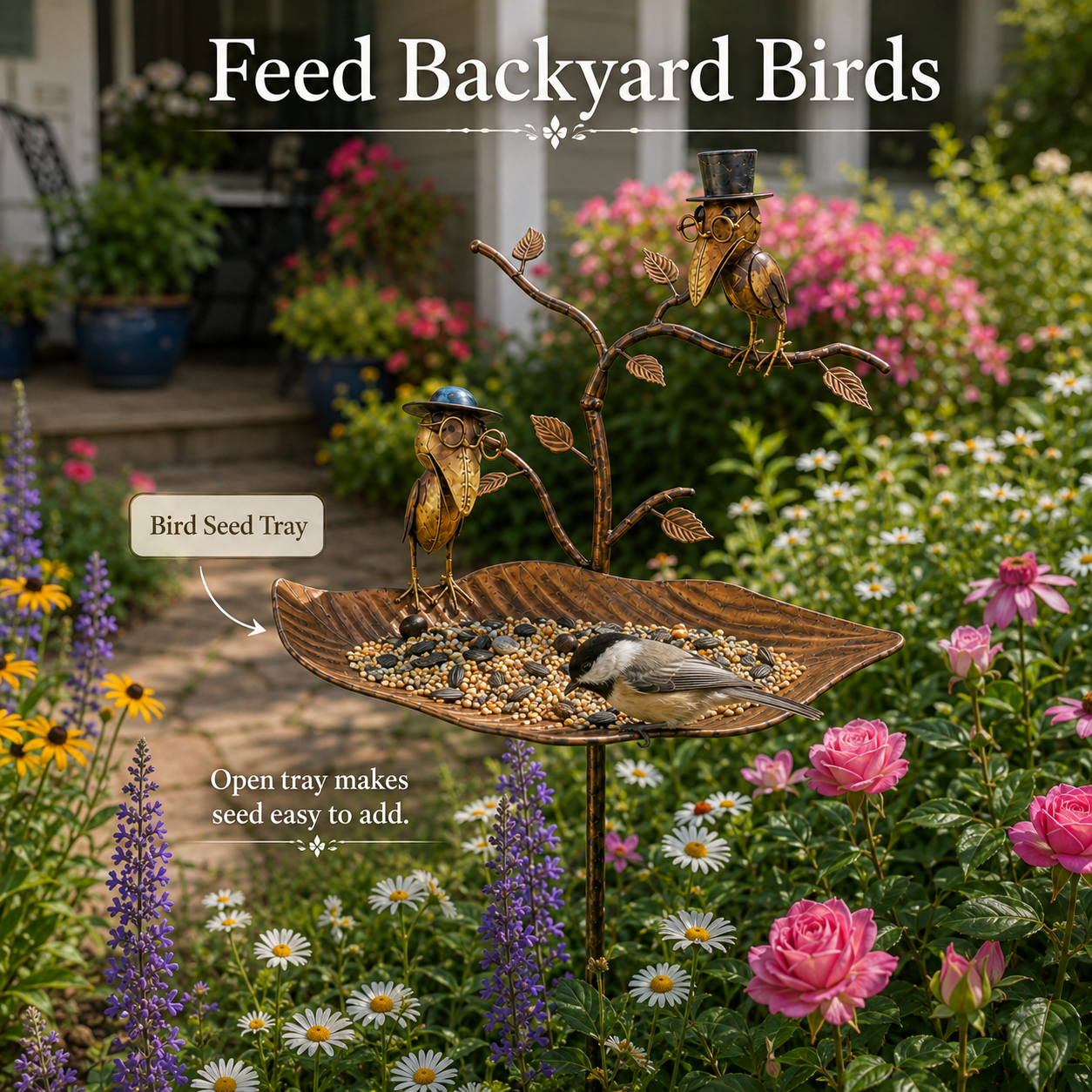 Vintage Metal Leaf Bird Feeder Garden Stake