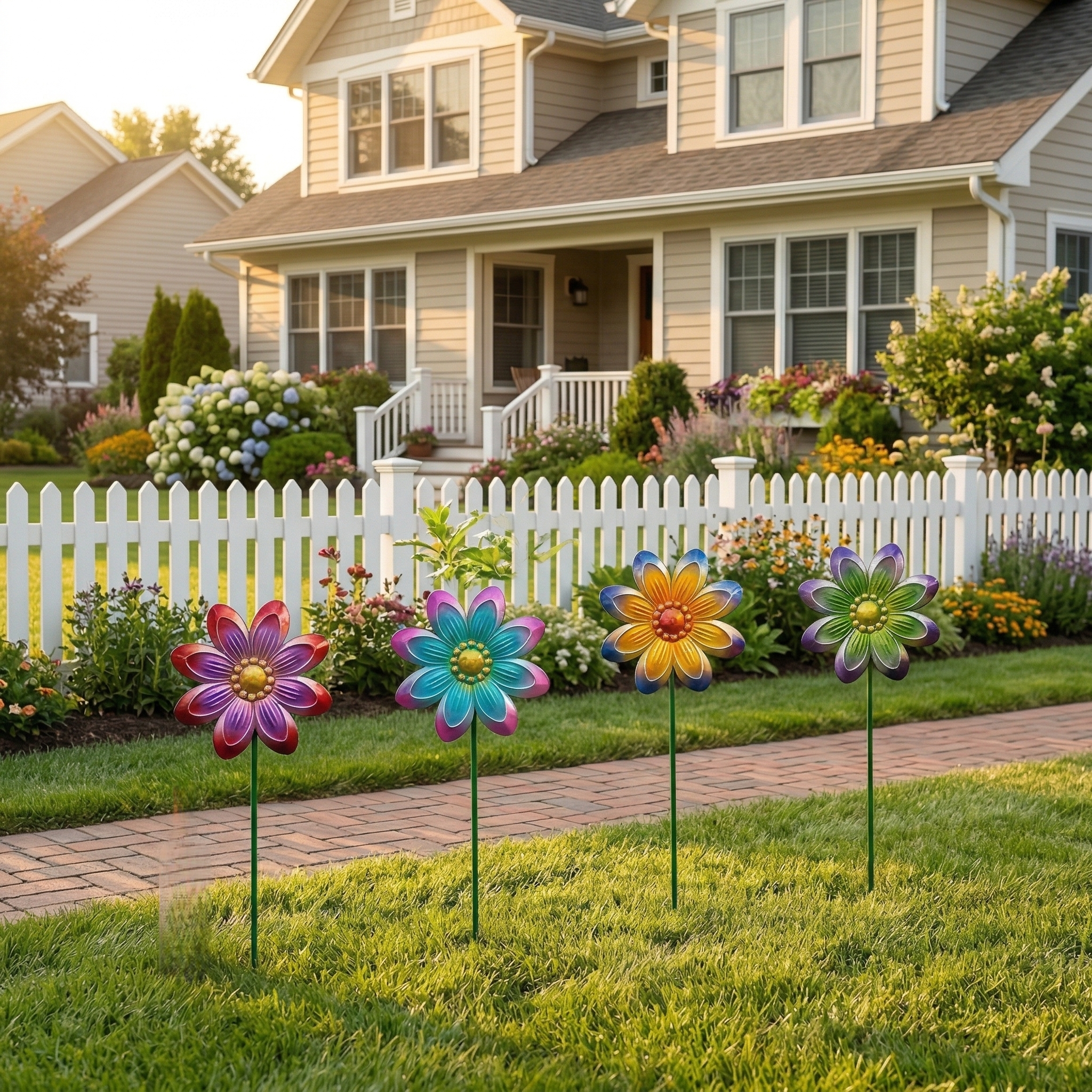 Set of 4 Outdoor Metal Colorful Floral Garden Decor Stakes