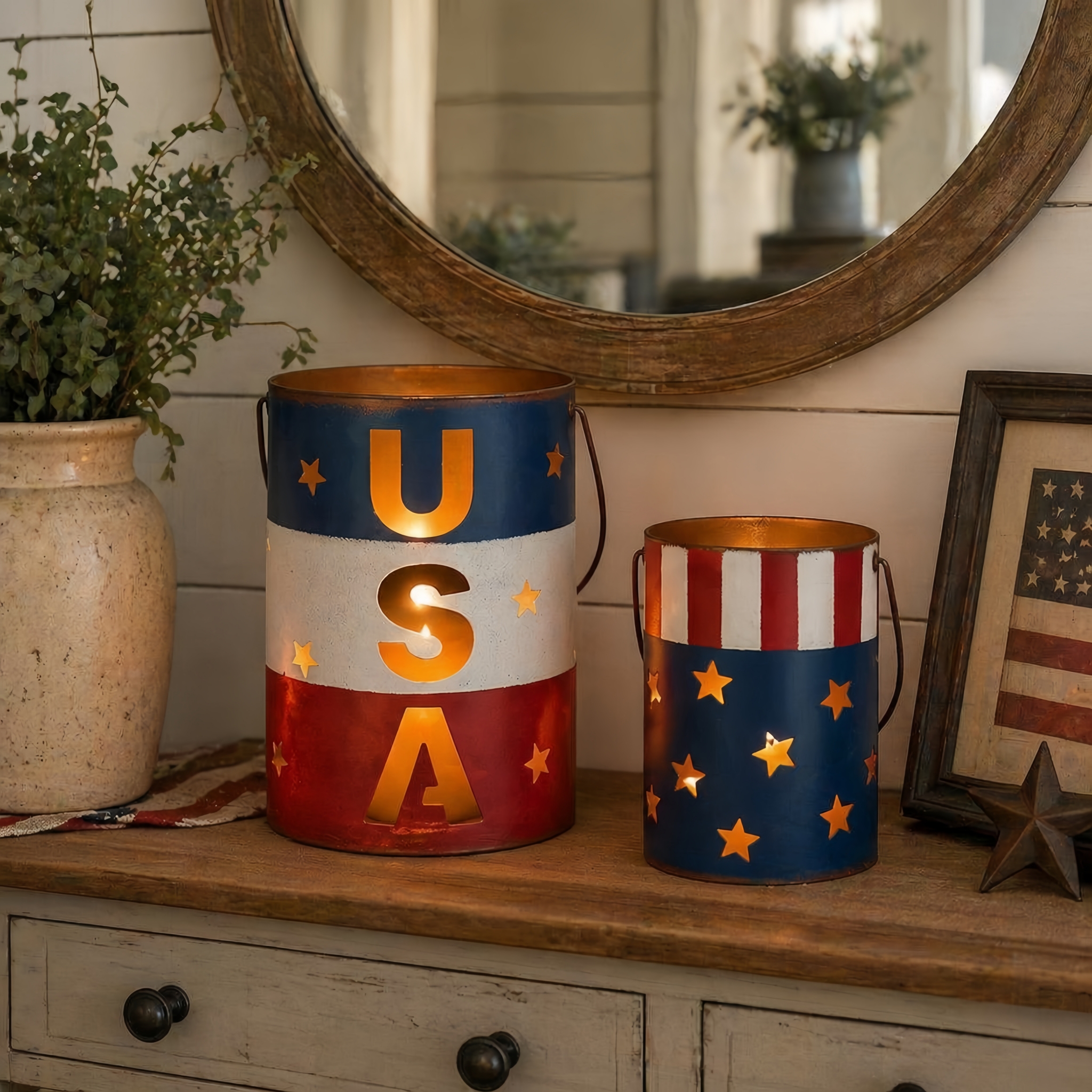 Patriotic Metal Candle Lantern Set